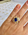 Sapphire Crown ring side view, cushion sapphire with tapered baguette diamonds – Cherry Pick Diamonds St. Louis MO