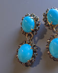 Turquoise and Diamond droplet earrings in 14K gold with natural cabochon turquoise and champagne diamonds – Cherry Pick Diamonds Clayton St. Louis MO