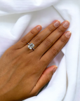 Paris EM 14K white gold engagement ring setting worn on hand, radiant or emerald cut – Cherry Pick Diamonds Clayton MO