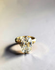 4.52 carat F VVS2 IGI lab elongated old mine cut diamond ring with compass claw hidden halo and three tier shank in 14k yellow gold — Cherry Pick Diamonds Clayton MO