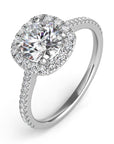 Milan WG halo engagement ring close-up, pavé white gold detail – Cherry Pick Diamonds St. Louis MO