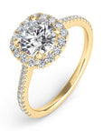 Milan YG halo engagement ring close-up, pavé yellow gold detail – Cherry Pick Diamonds St. Louis MO