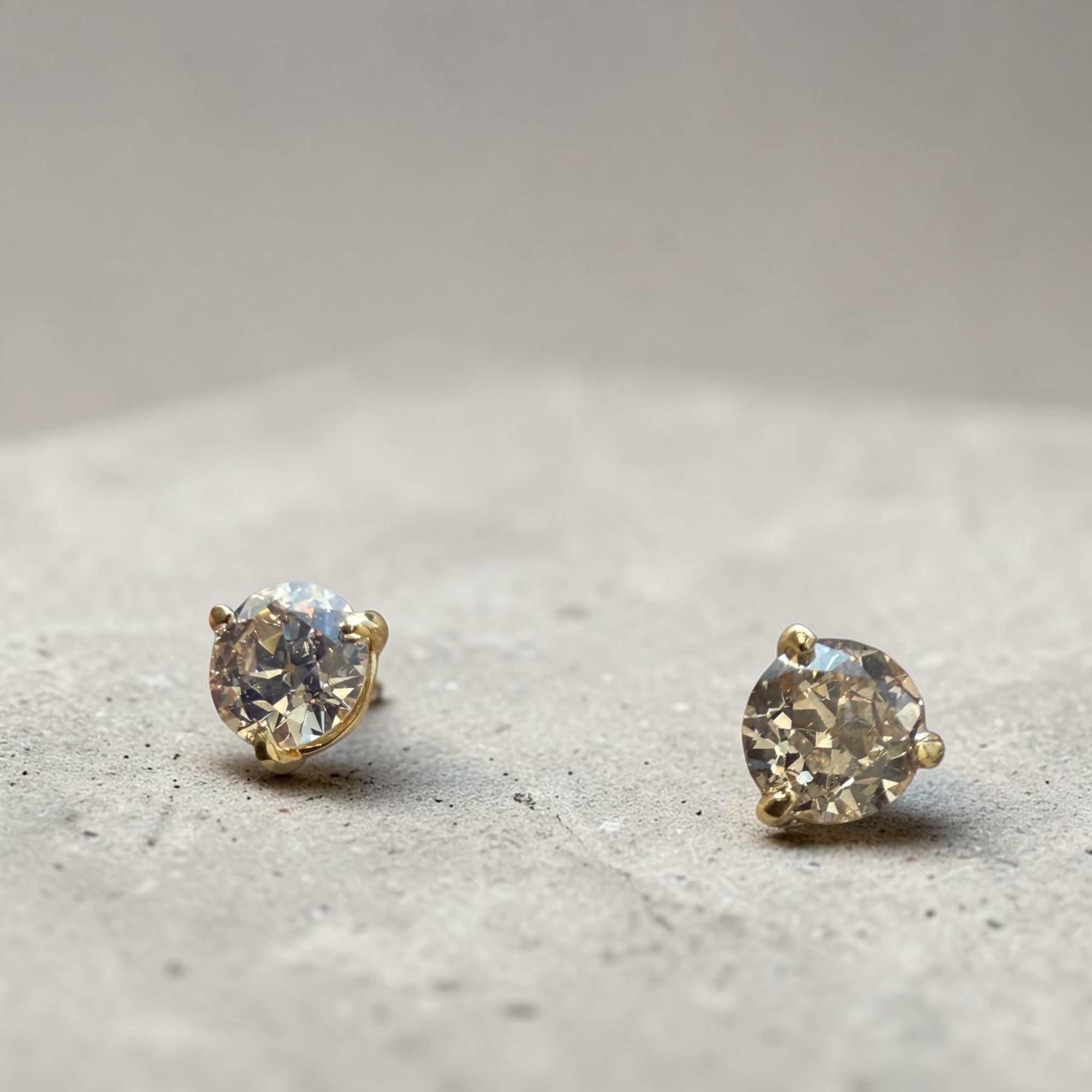 2.46 carat natural old European cut champagne diamond stud earrings in 14k yellow gold, Cherry Pick Diamonds Clayton MO