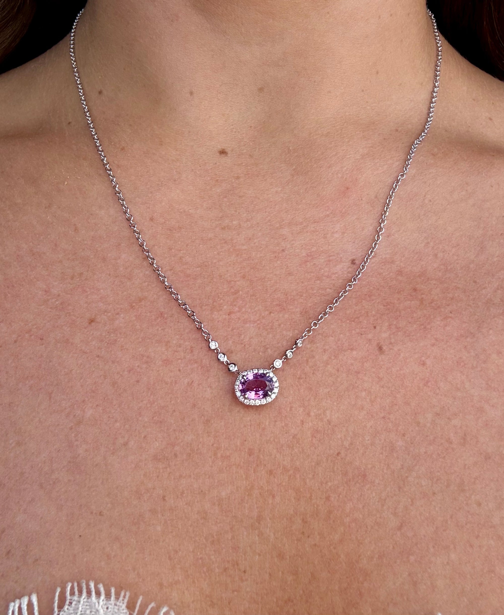 0.81 carat purple sapphire oval diamond halo pendant necklace in 18K white gold, Cherry Pick Diamonds Clayton MO