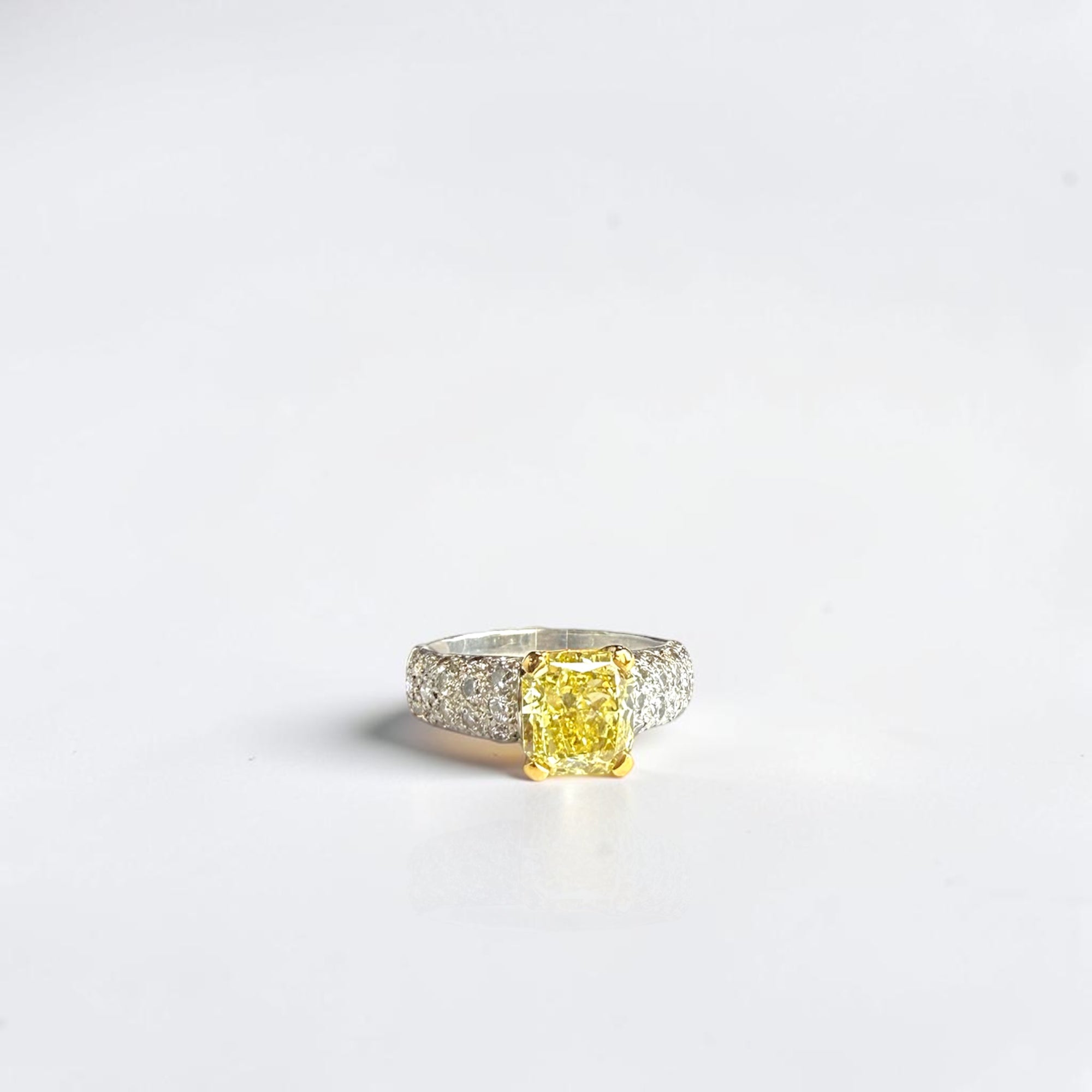 Fancy yellow radiant-cut diamond ring in 18K gold pavé setting – Cherry Pick Diamonds, Clayton MO