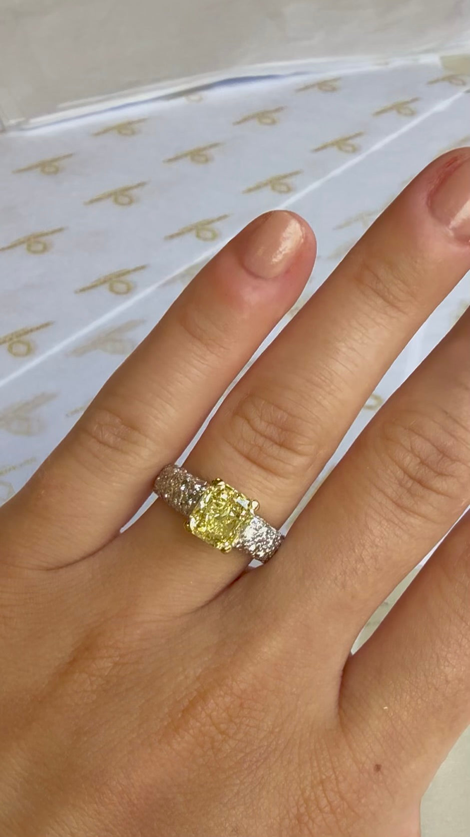 Close-up of 2.03 carat fancy yellow diamond and pavé detail – Cherry Pick Diamonds