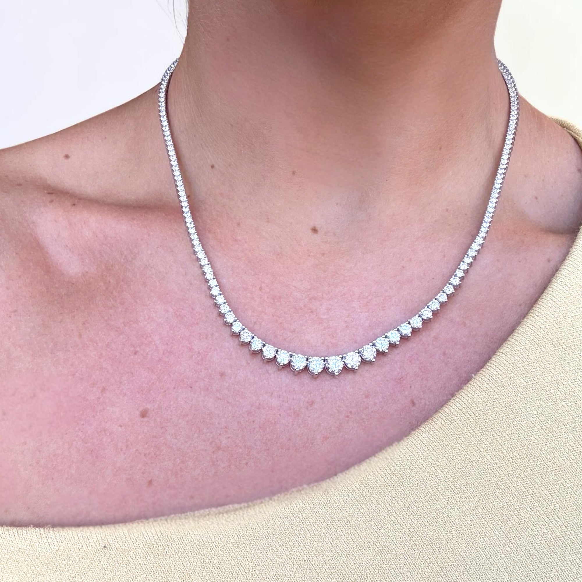 Riviera diamond necklace detail showing three-prong lab-grown diamond settings - Cherry Pick Diamonds