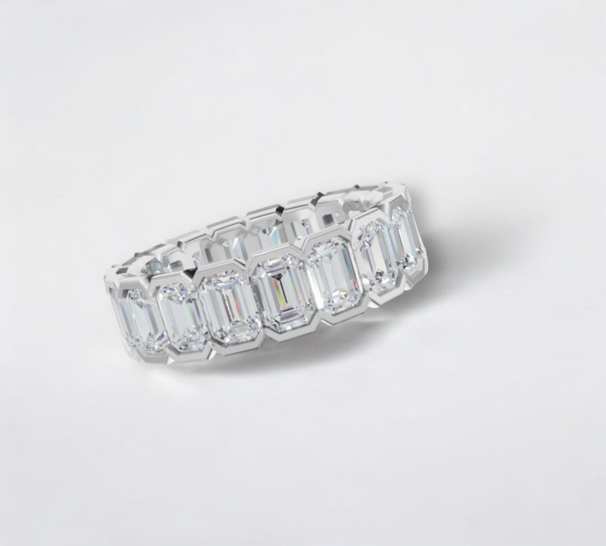 Bergamo Eternity WG band in 14K white gold with 7.60ct bezel set lab created emerald cut diamonds – Cherry Pick Diamonds Clayton St. Louis MO