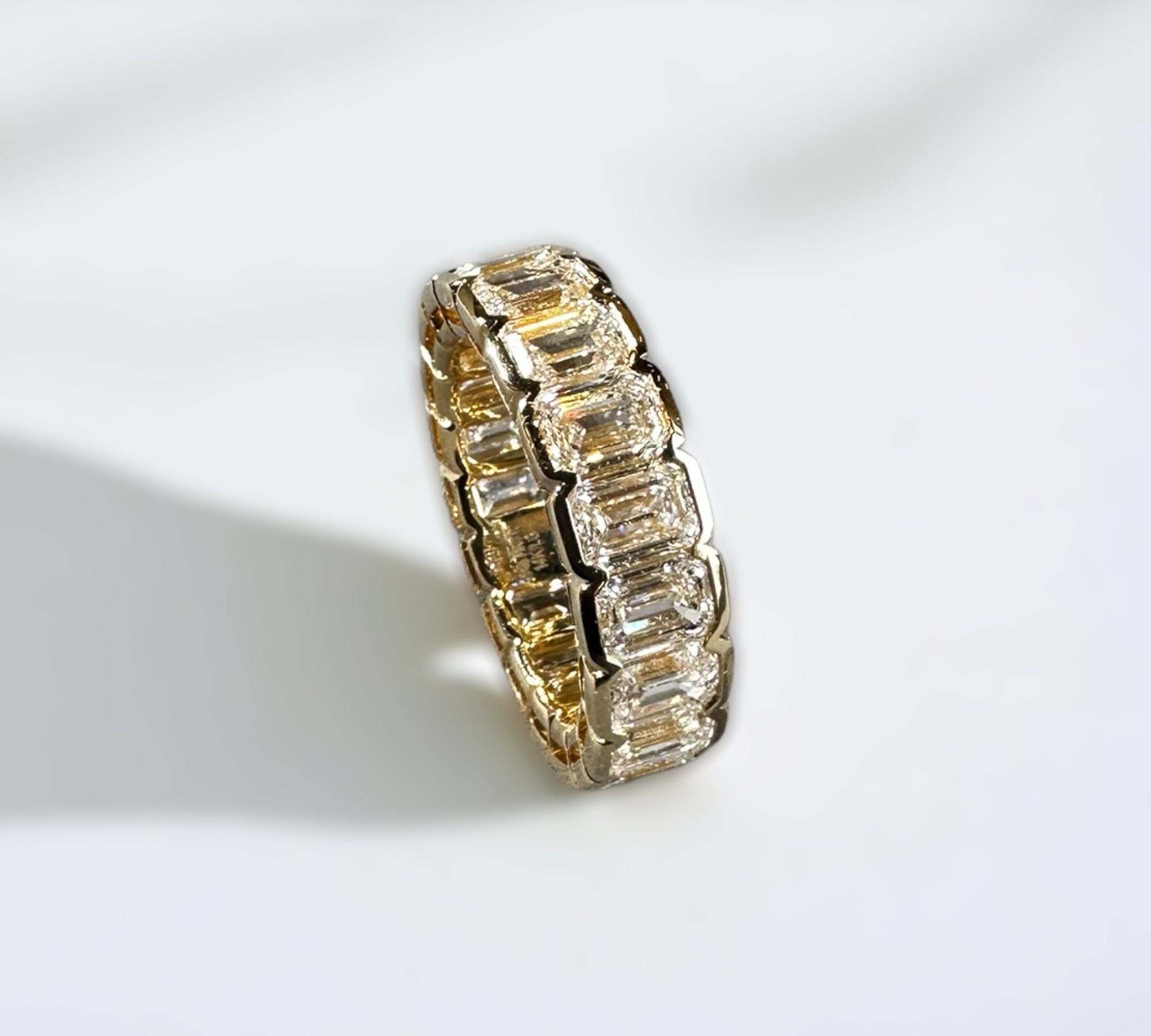 Bergamo Eternity band in 14K yellow gold with bezel set emerald cut diamonds – Cherry Pick Diamonds Clayton St. Louis MO
