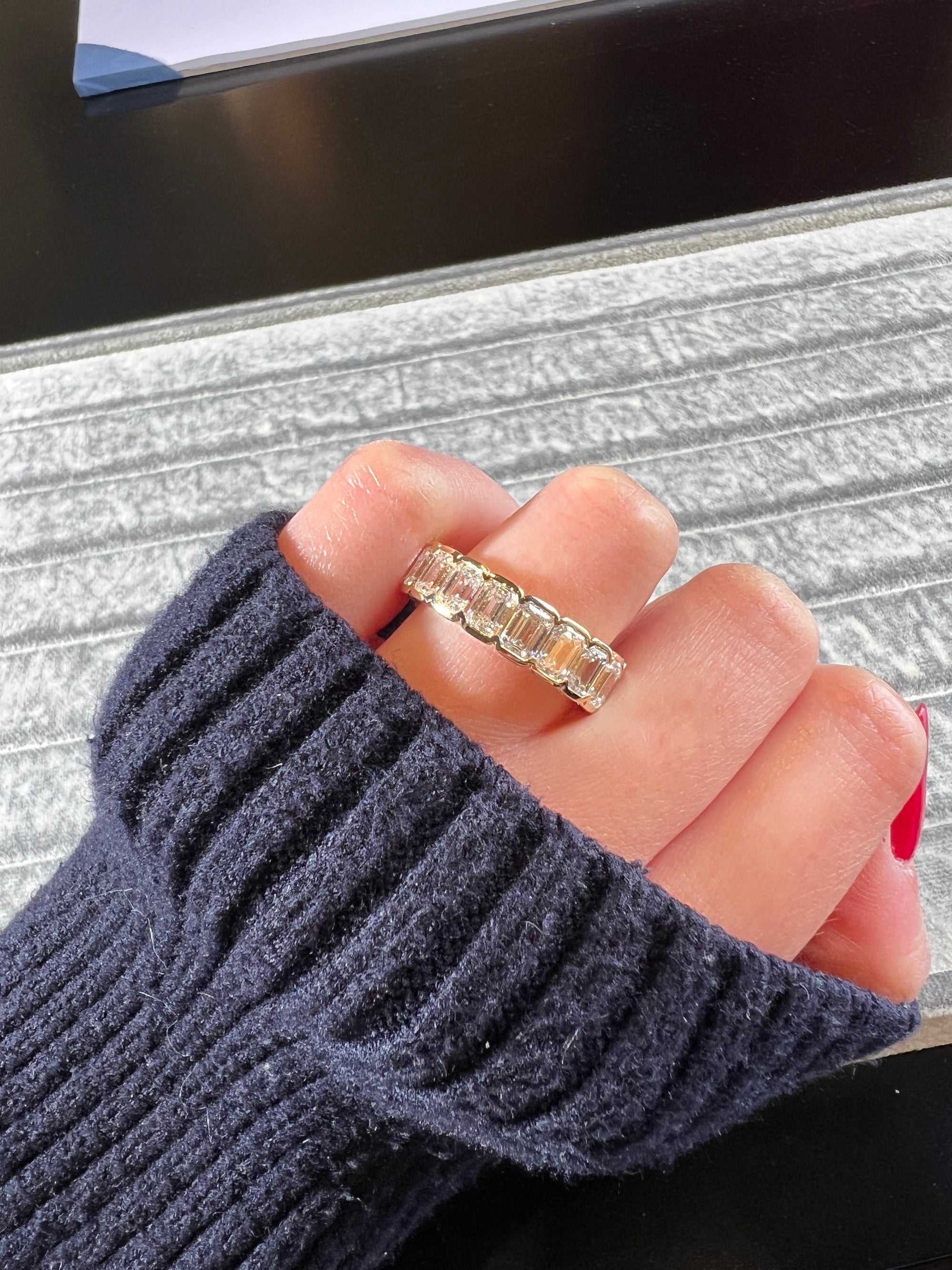 Bergamo Eternity yellow gold bezel emerald cut diamond band side view – Cherry Pick Diamonds St. Louis MO