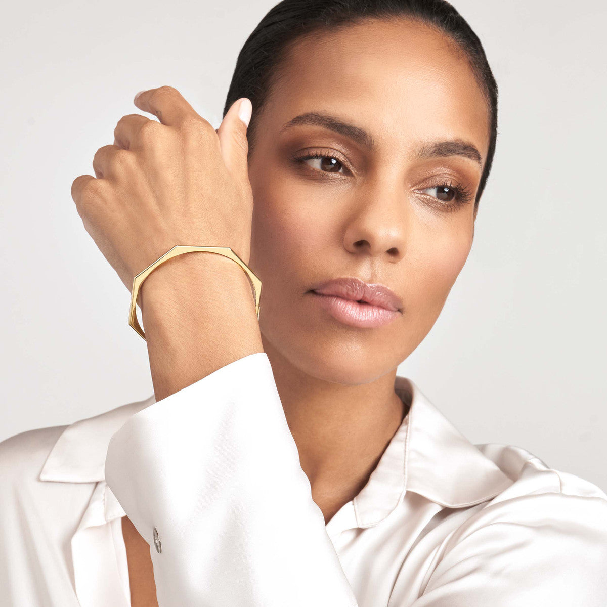 Pantheon Gold Geometric Bangle Bracelet on Model 14K – Cherry Pick Diamonds St. Louis MO