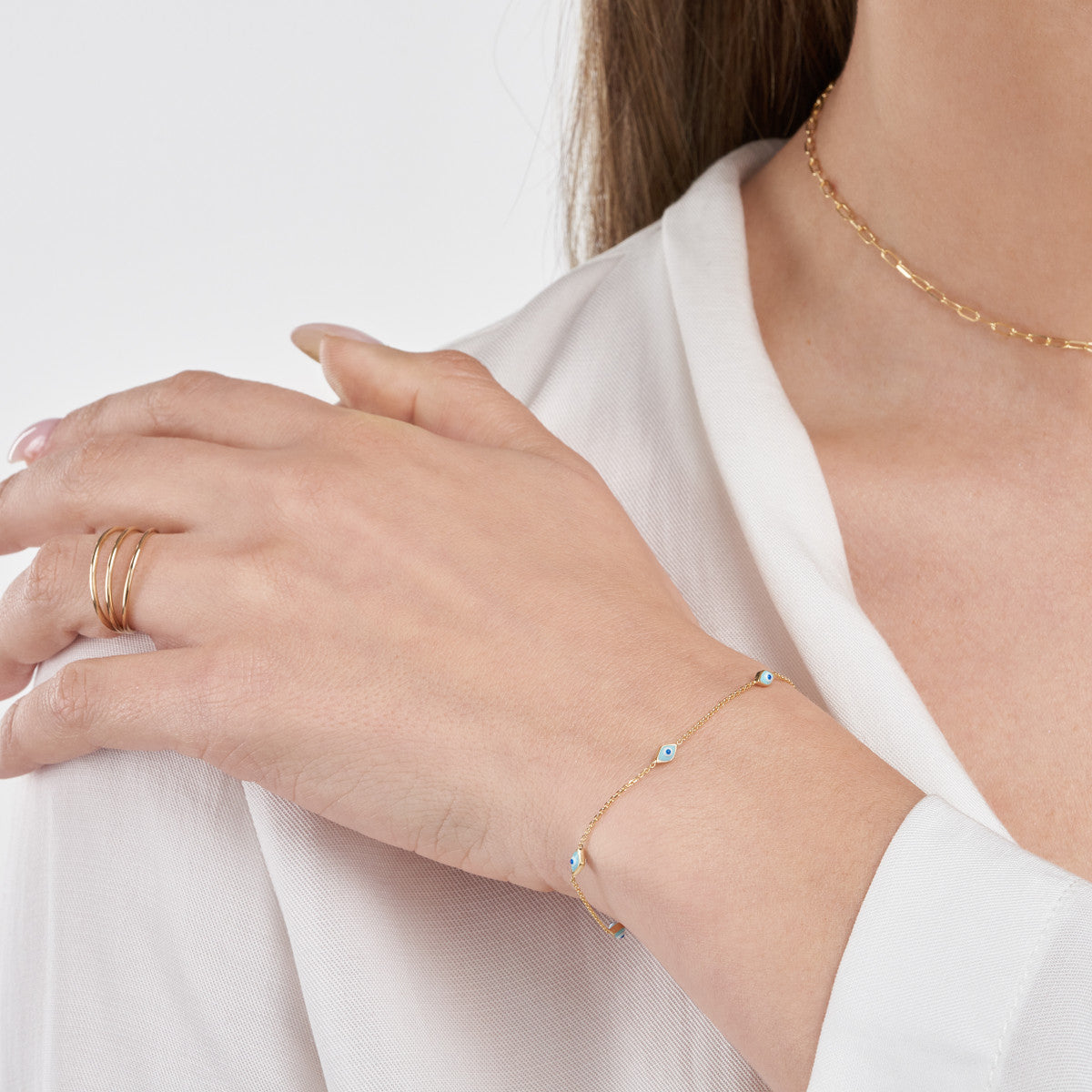 Evil Eye Bracelet 14K Gold Turquoise Enamel on Model – Cherry Pick Diamonds St. Louis MO