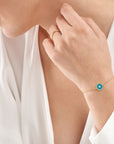 Marrakech 14K Gold Adjustable Bolo Evil Eye Bracelet on Model – Cherry Pick Diamonds Clayton St. Louis MO