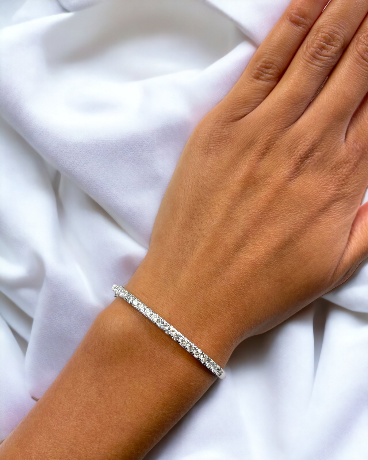 Florentine white gold bangle bracelet lab created diamond close-up – Cherry Pick Diamonds St. Louis MO