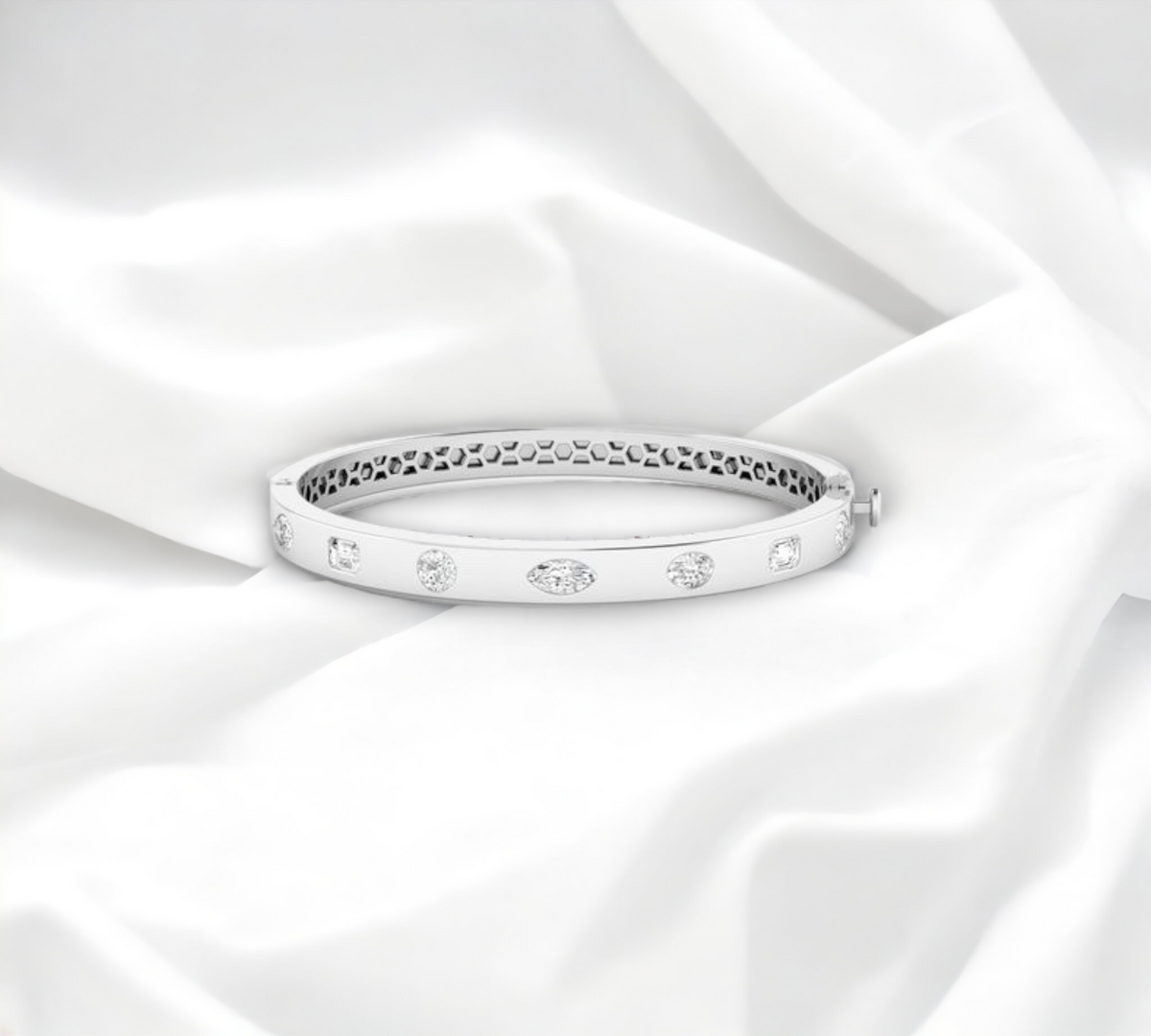 Helsinki WG half cuff bracelet in 14K white gold with multi shape lab created diamonds – Cherry Pick Diamonds Clayton St. Louis MO