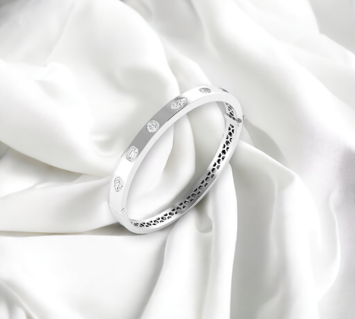 Helsinki WG 14K white gold multi shape lab created diamond cuff bracelet – Cherry Pick Diamonds St. Louis MO