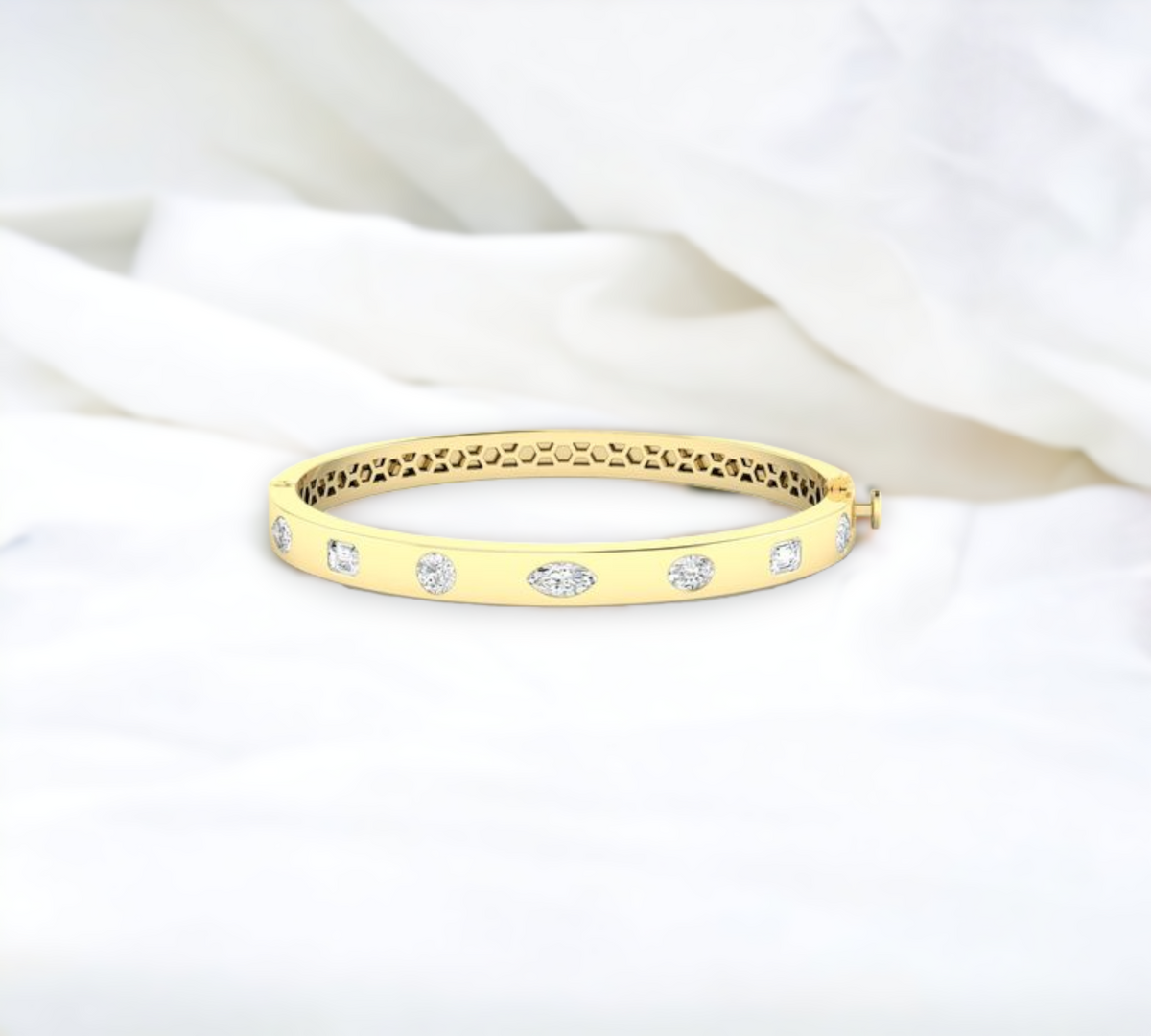 Helsinki YG half cuff bracelet in 14K yellow gold with multi shape lab created diamonds – Cherry Pick Diamonds Clayton St. Louis MO