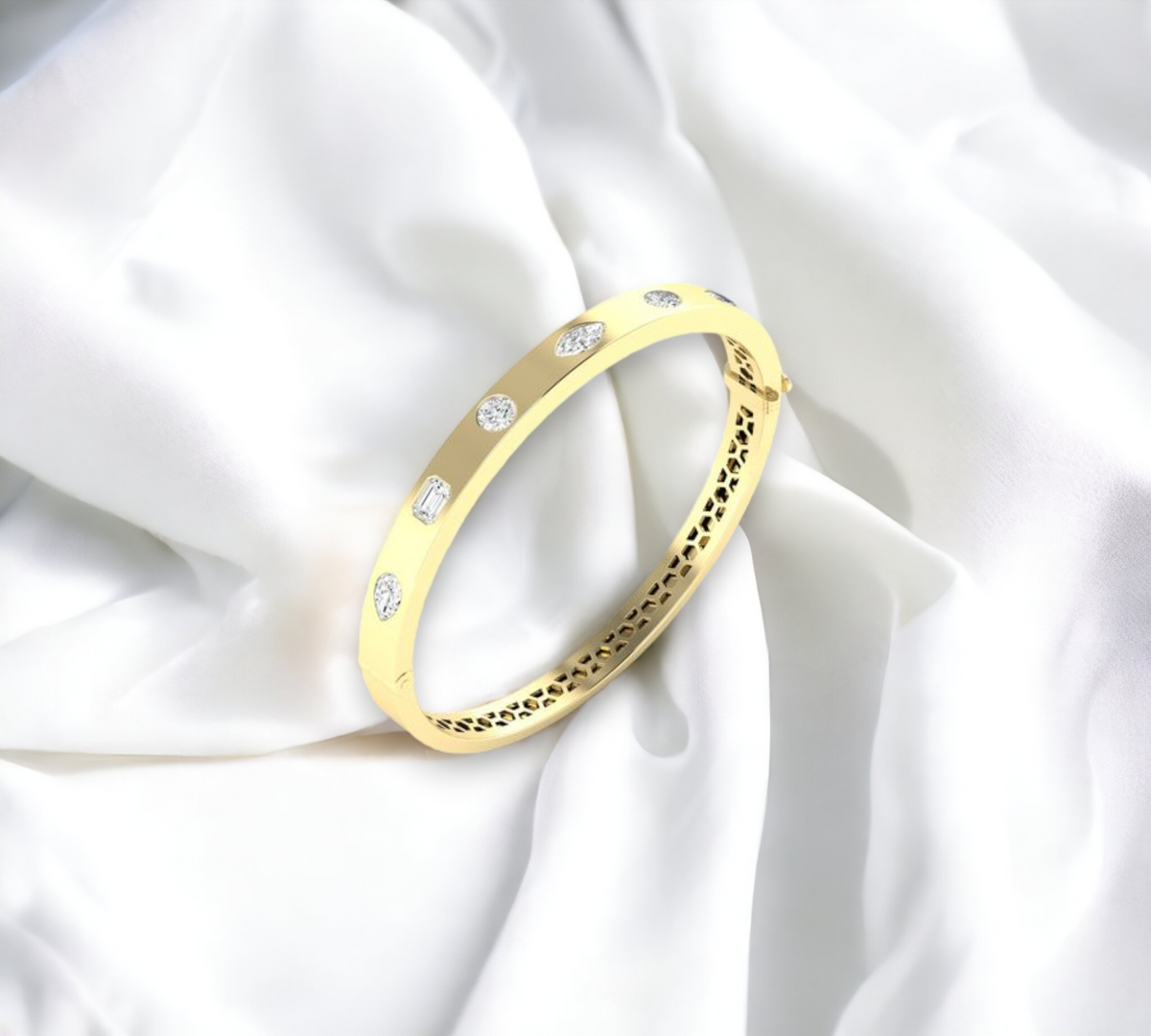 Helsinki YG 14K yellow gold multi shape lab created diamond cuff bracelet – Cherry Pick Diamonds St. Louis MO