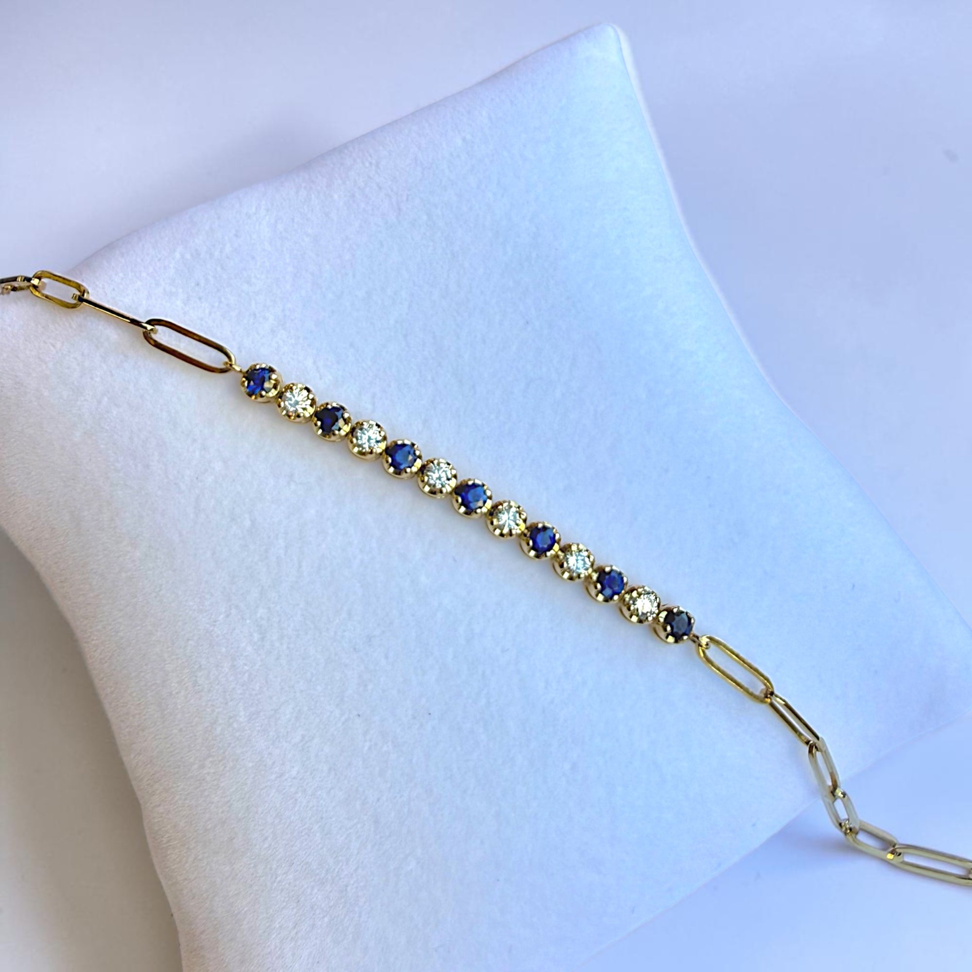 Two-tone gold paperclip bracelet with natural sapphires and diamonds - Cherry Pick Diamonds Clayton MO