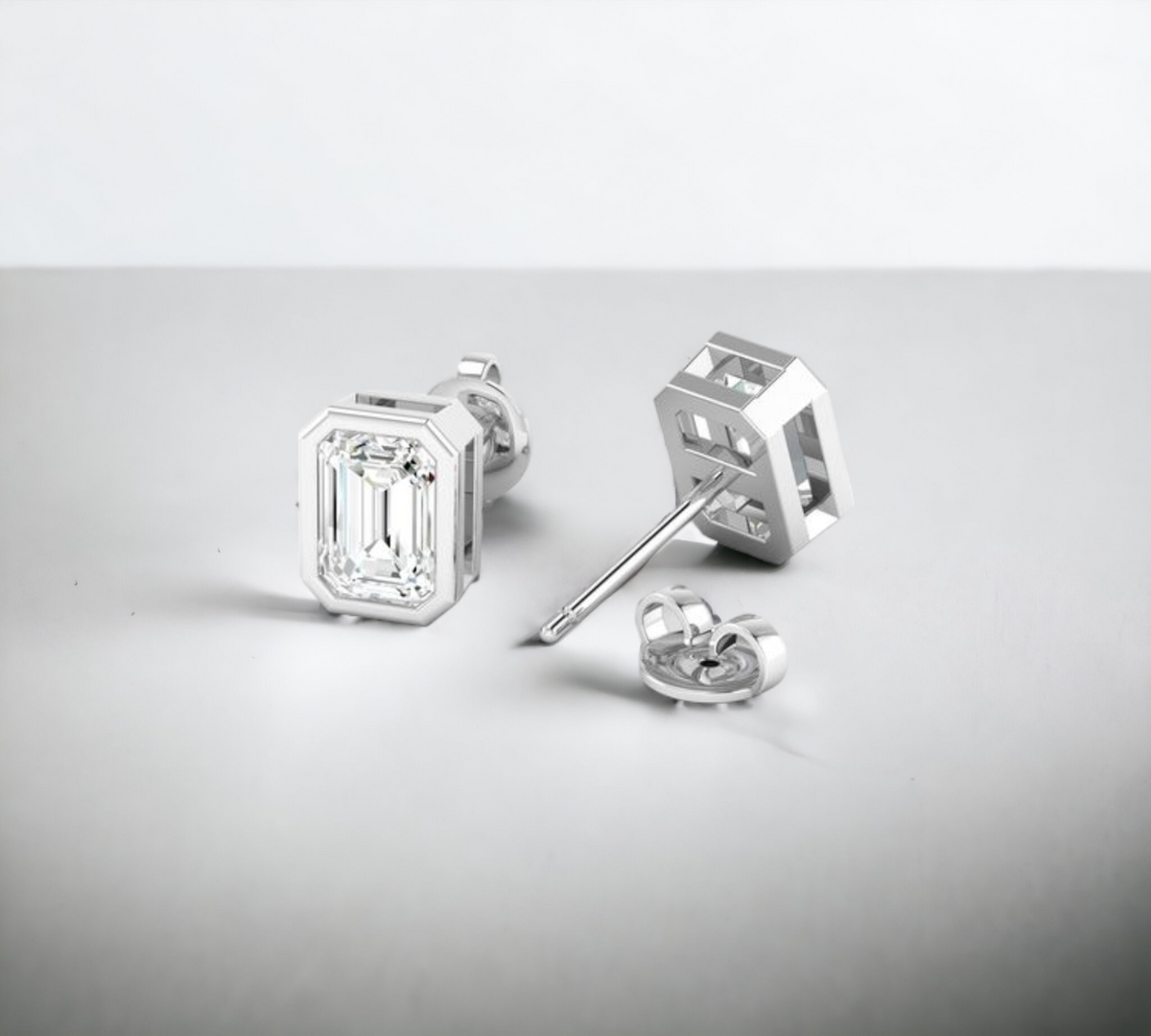 Porto EM WG 14K white gold bezel emerald cut stud earrings with lab created diamonds – Cherry Pick Diamonds St. Louis MO