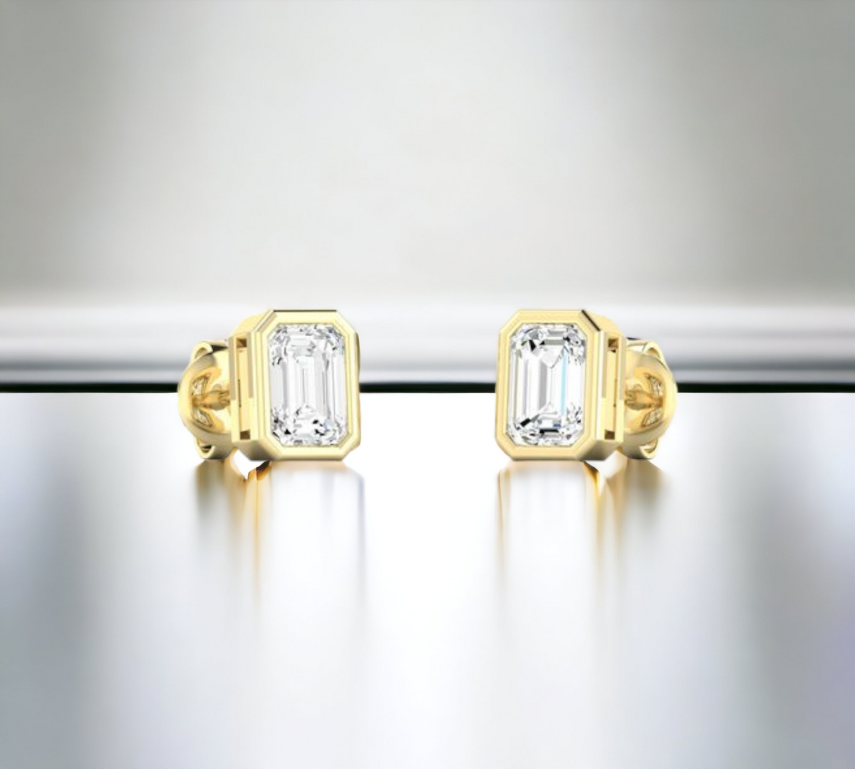Porto EM bezel set emerald cut diamond stud earrings in 14K yellow gold – Cherry Pick Diamonds Clayton St. Louis MO