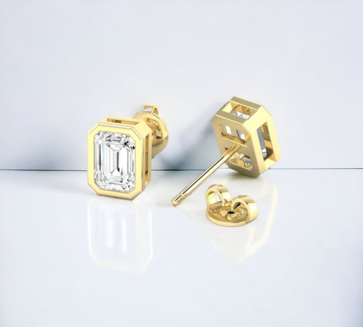 Porto EM YG 14K yellow gold bezel emerald cut stud earrings with lab created diamonds – Cherry Pick Diamonds St. Louis MO
