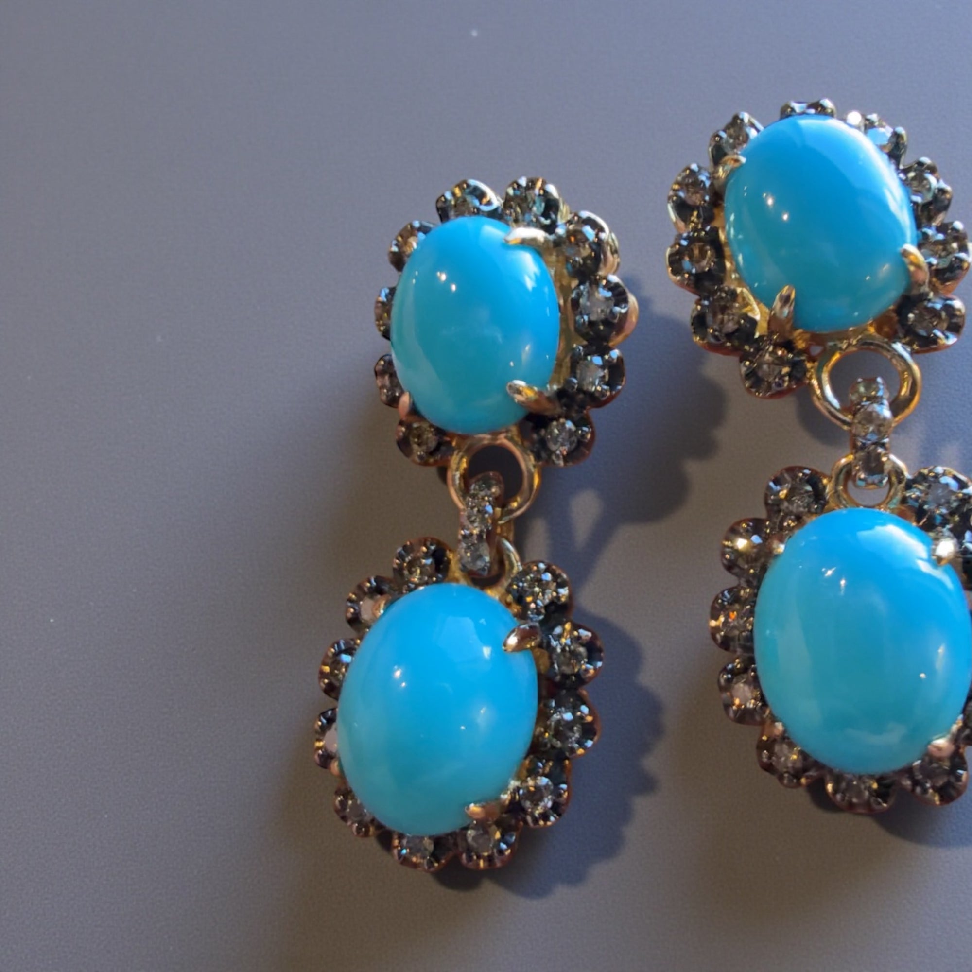 Turquoise and Diamond droplet earrings in 14K gold with natural cabochon turquoise and champagne diamonds – Cherry Pick Diamonds Clayton St. Louis MO