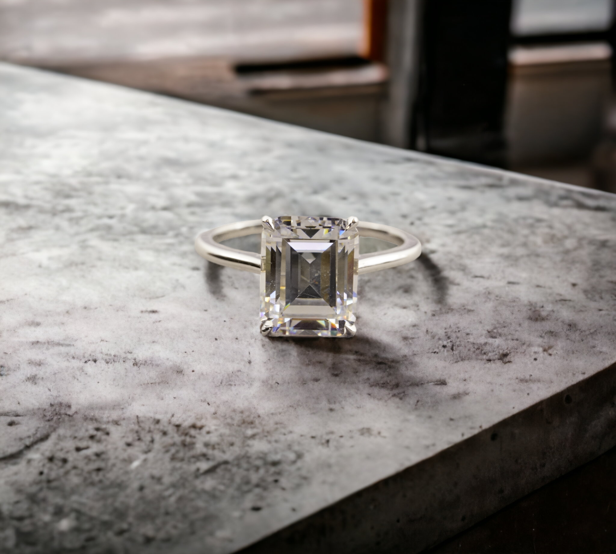 Belfast EM engagement ring setting in 14K white gold, whisper thin solitaire for emerald cut center – Cherry Pick Diamonds Clayton St. Louis MO
