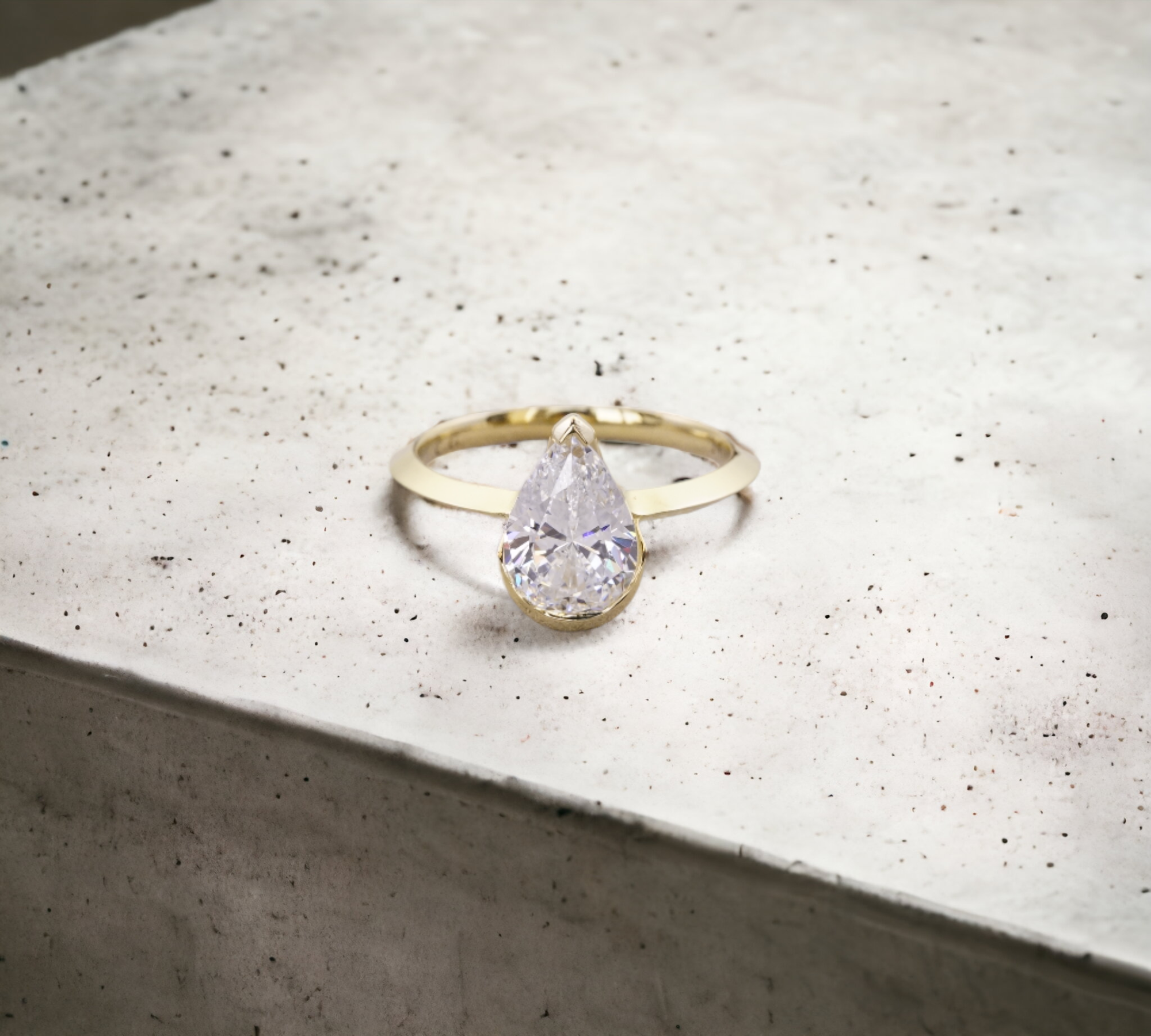 Monaco YG engagement ring setting in 14K yellow gold, knife edge half bezel for pear shape diamond – Cherry Pick Diamonds Clayton St. Louis MO