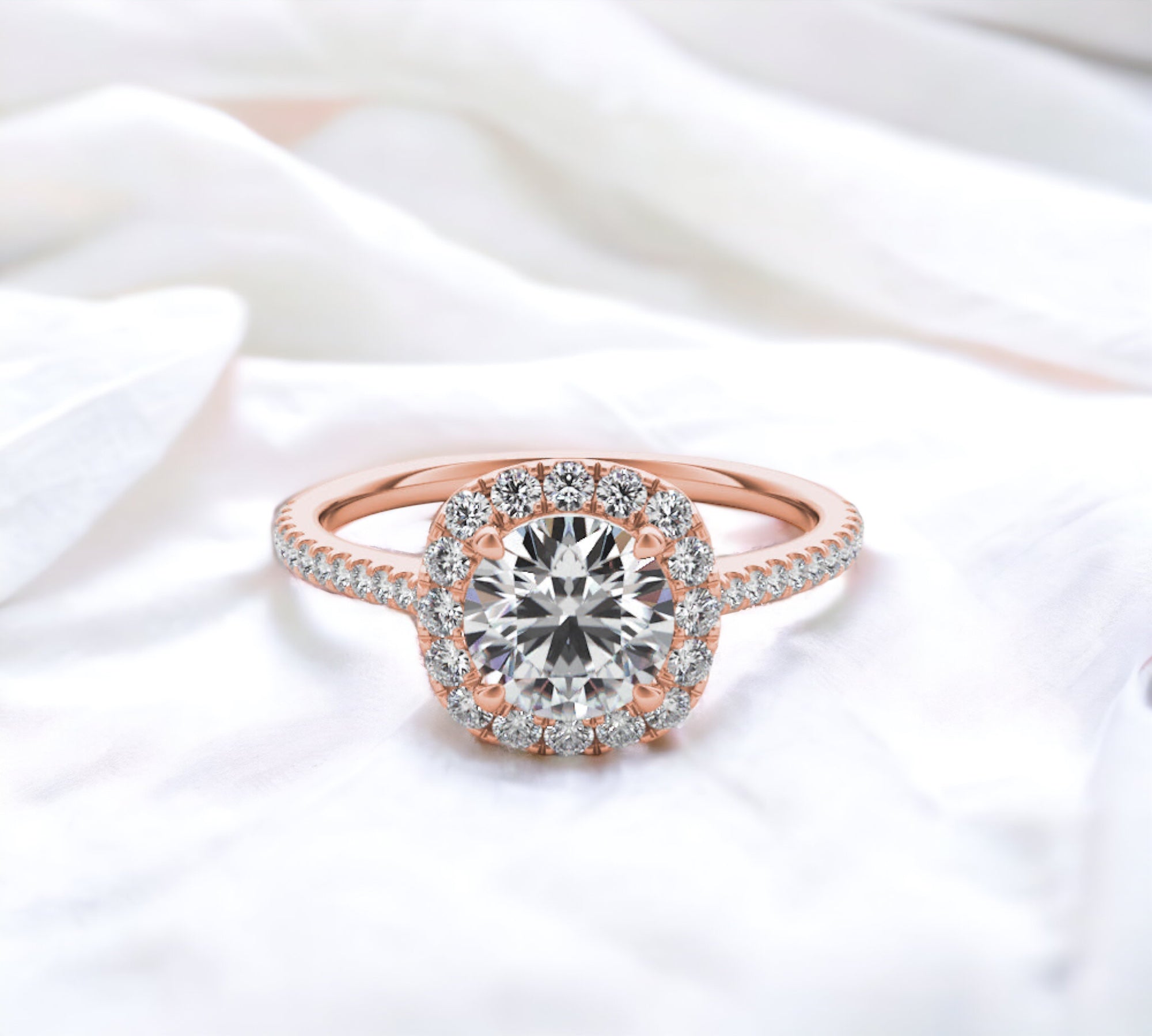 Milan engagement ring setting in 14K rose gold with cushion outline halo and pavé diamonds – Cherry Pick Diamonds Clayton St. Louis MO