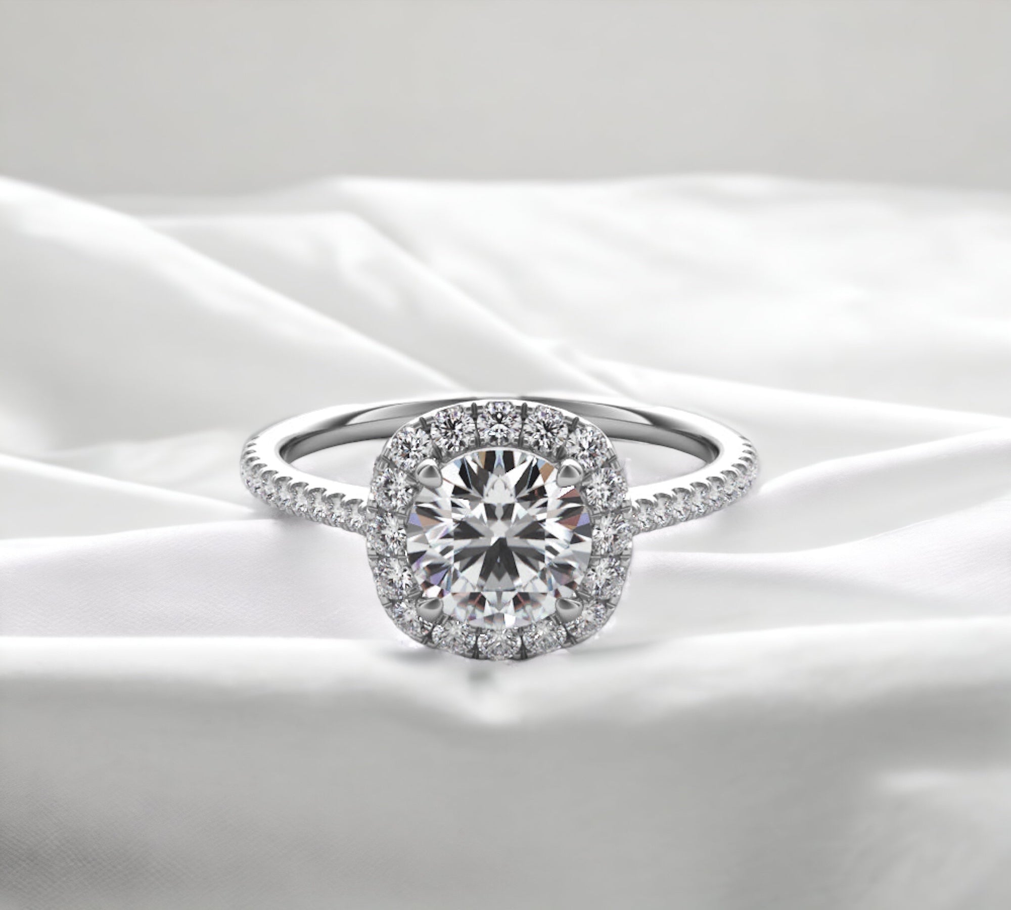 Milan engagement ring setting in 14K white gold with cushion outline halo and pavé diamonds – Cherry Pick Diamonds Clayton St. Louis MO