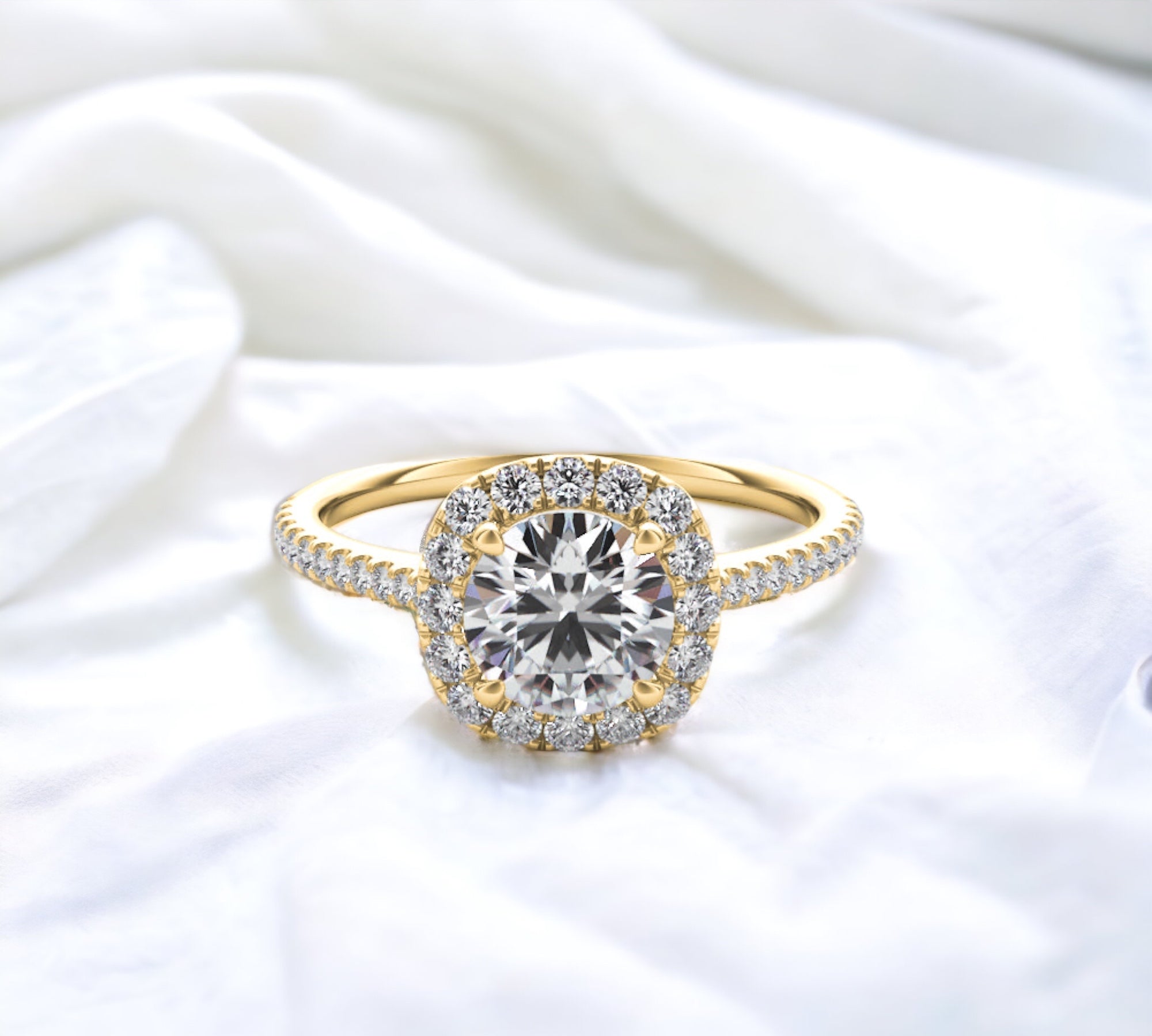 Milan engagement ring setting in 14K yellow gold with cushion outline halo and pavé diamonds – Cherry Pick Diamonds Clayton St. Louis MO