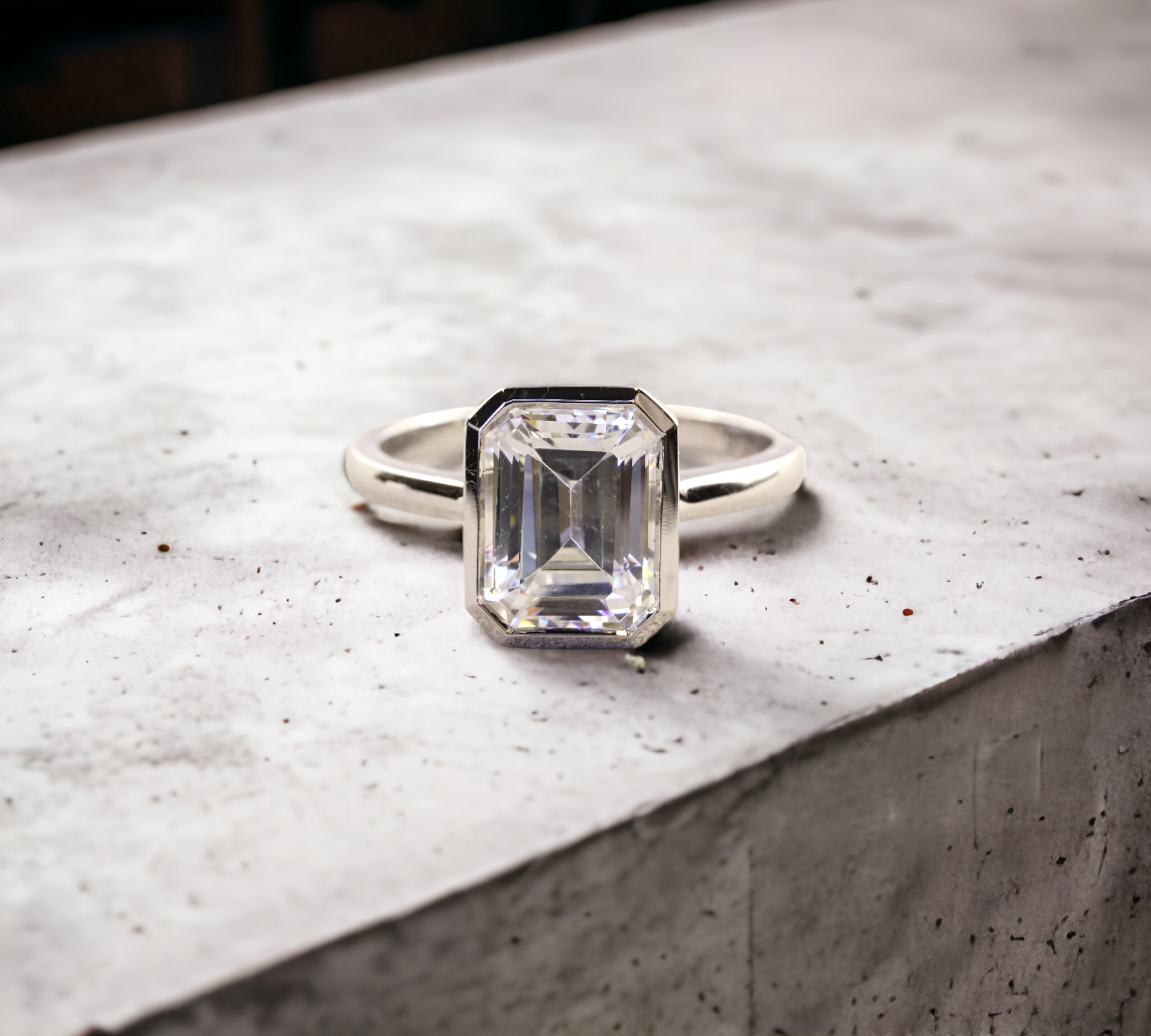 Bergamo WG engagement ring in 14K white gold with bezel set emerald cut lab created diamond – Cherry Pick Diamonds Clayton St. Louis MO