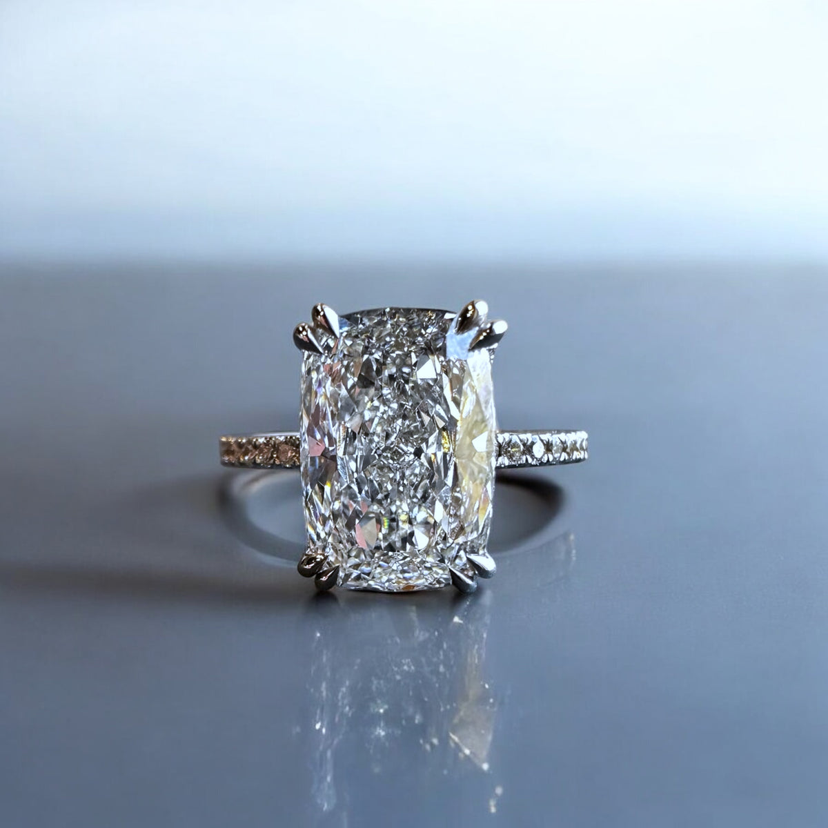 Bruges Cushion engagement ring in 14K white gold with 4.20ct elongated cushion lab created diamond, open hidden halo – Cherry Pick Diamonds Clayton St. Louis MO