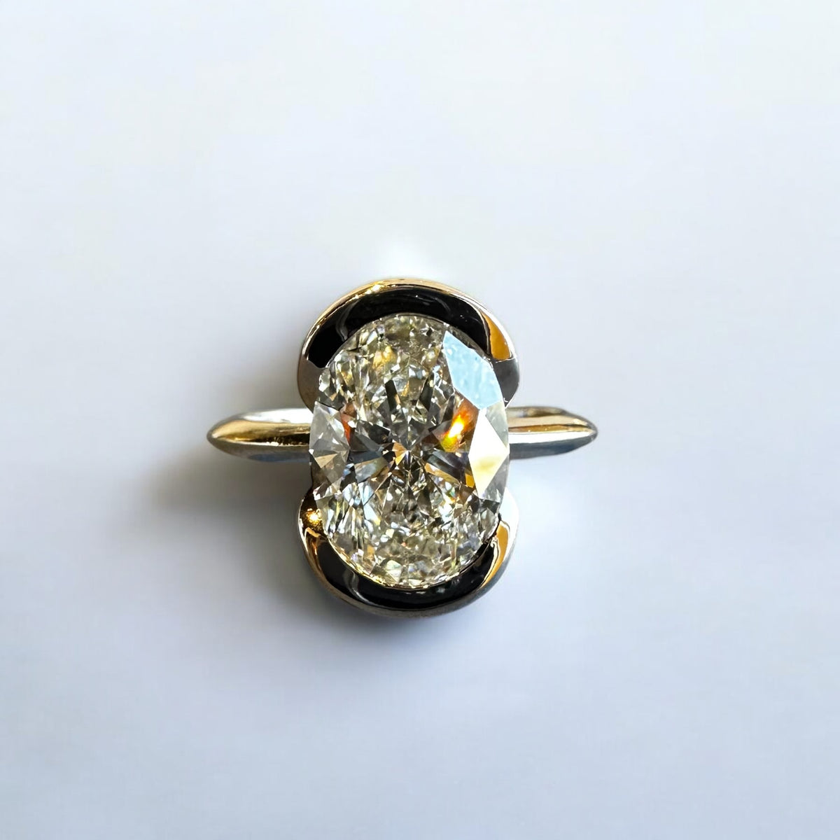Monaco Oval White Gold engagement ring with 3.02ct half bezel floating oval lab created diamond – Cherry Pick Diamonds Clayton St. Louis MO