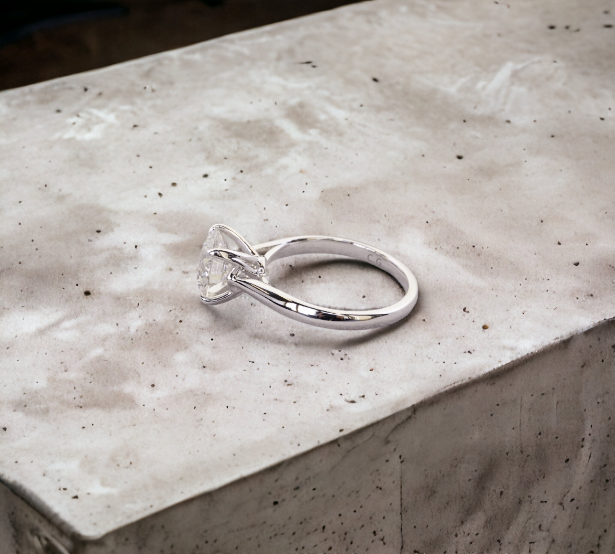 Oslo WG ring side view, white gold solitaire lab created diamond – Cherry Pick Diamonds St. Louis MO