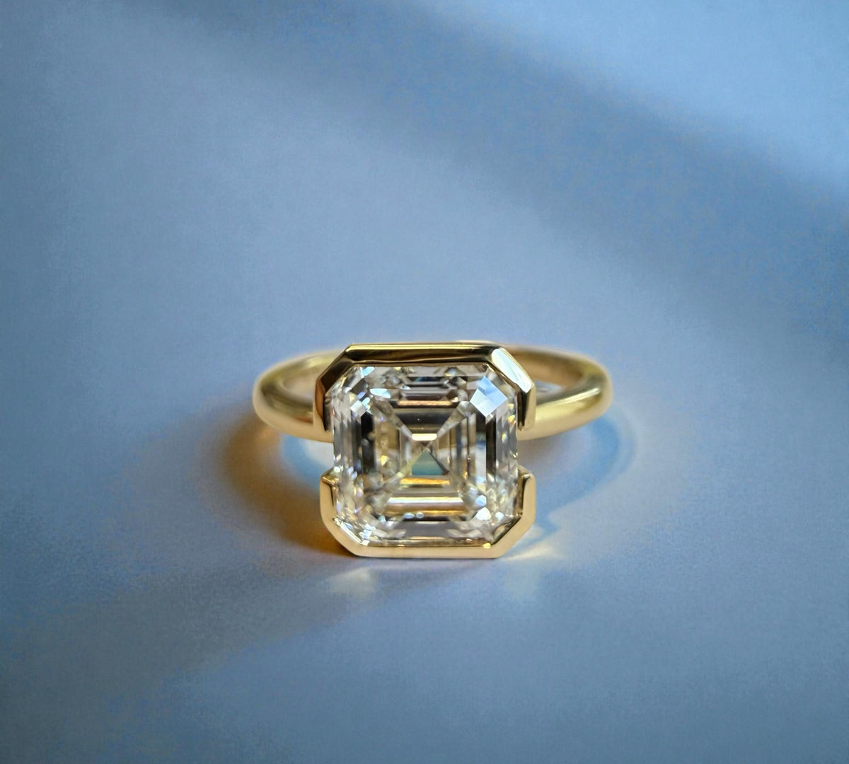 Bergamo Asscher engagement ring in 14K yellow gold with 3.10ct half bezel Asscher cut lab created diamond – Cherry Pick Diamonds Clayton St. Louis MO