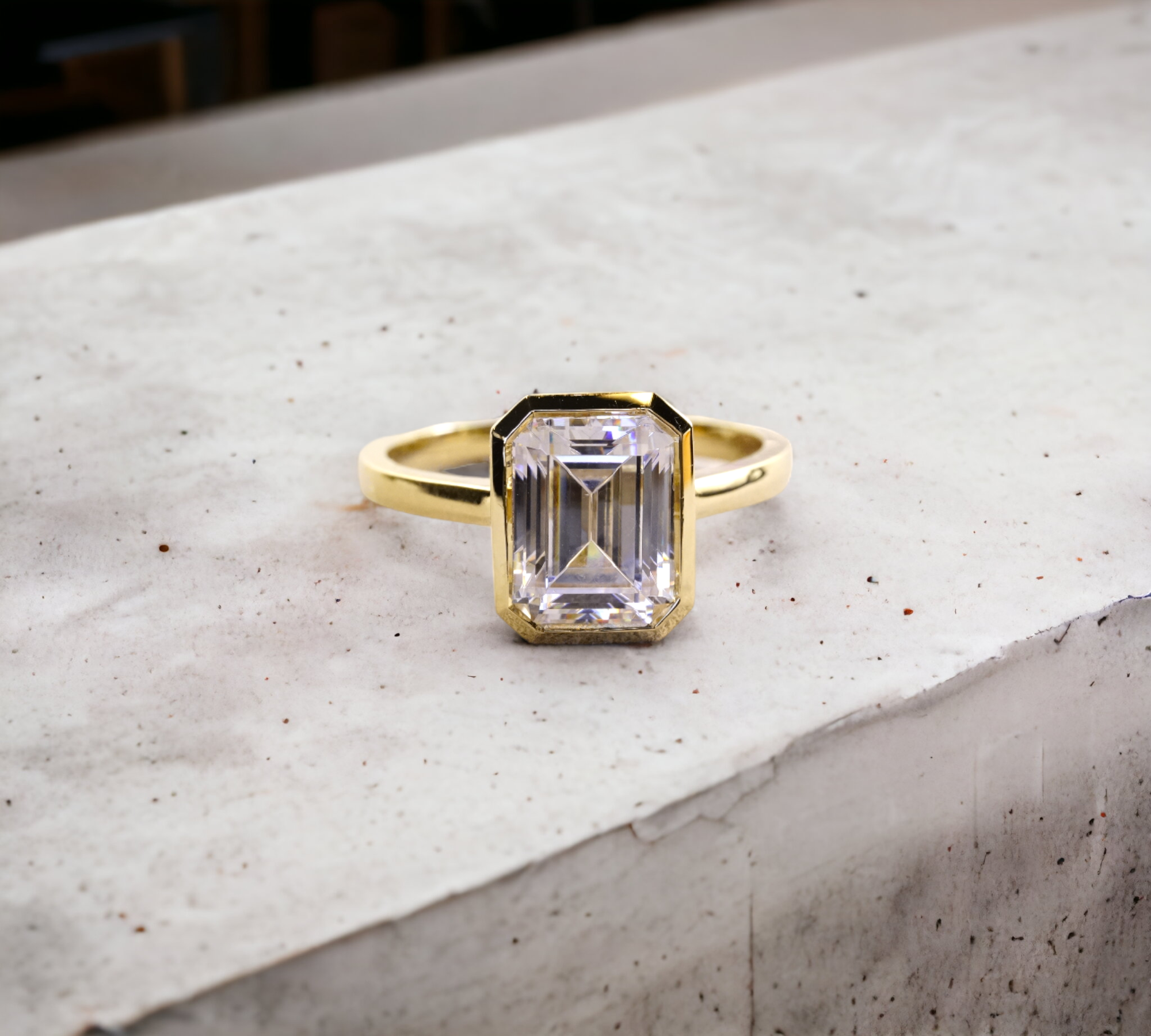 Bergamo YG engagement ring in 14K yellow gold with bezel set emerald cut lab created diamond – Cherry Pick Diamonds Clayton St. Louis MO