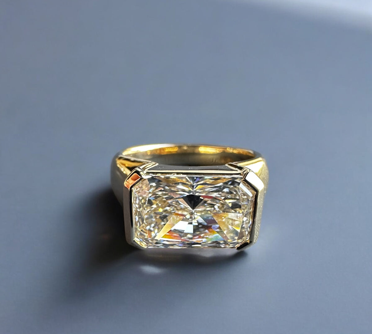 Crete Radiant engagement ring in 14K yellow gold with 5.06ct elongated radiant cut lab created diamond – Cherry Pick Diamonds Clayton St. Louis MO