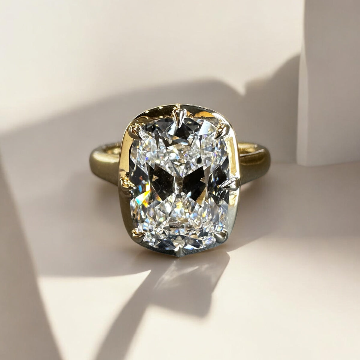 London Old Mine engagement ring in 14K yellow gold with 3.77ct elongated old mine cut lab created diamond – Cherry Pick Diamonds Clayton St. Louis MO