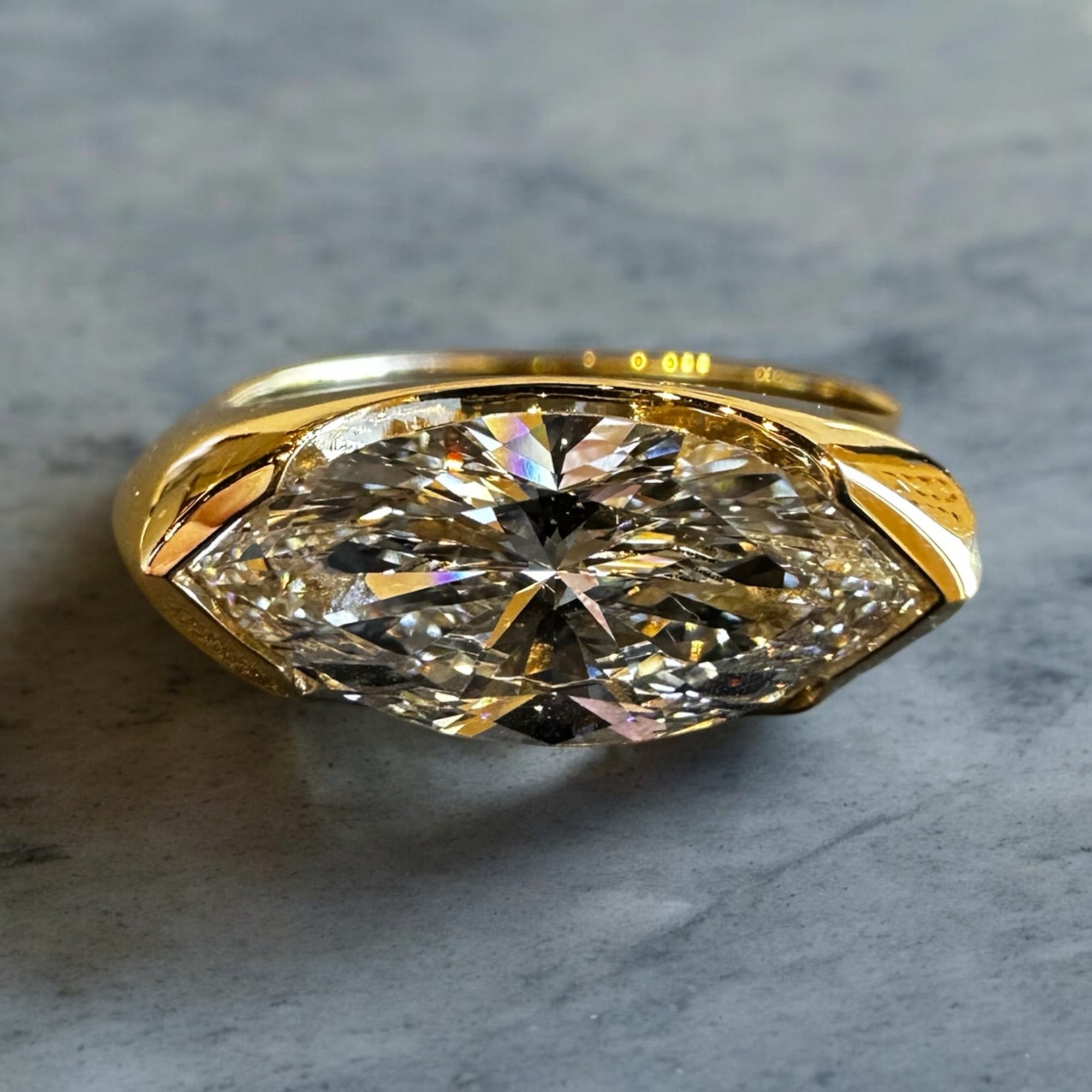 Lyon YG ring side view, east to west marquise lab created diamond – Cherry Pick Diamonds St. Louis MO