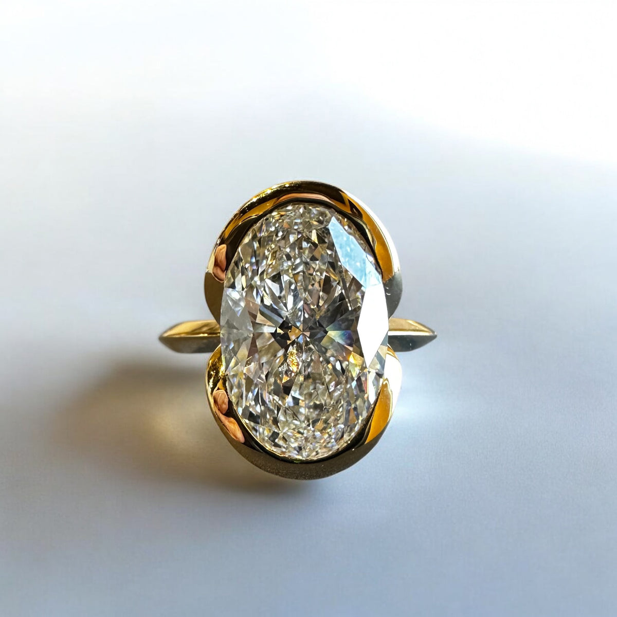 Monaco Oval engagement ring in 14K yellow gold with 4.84ct half bezel floating oval lab created diamond – Cherry Pick Diamonds Clayton St. Louis MO