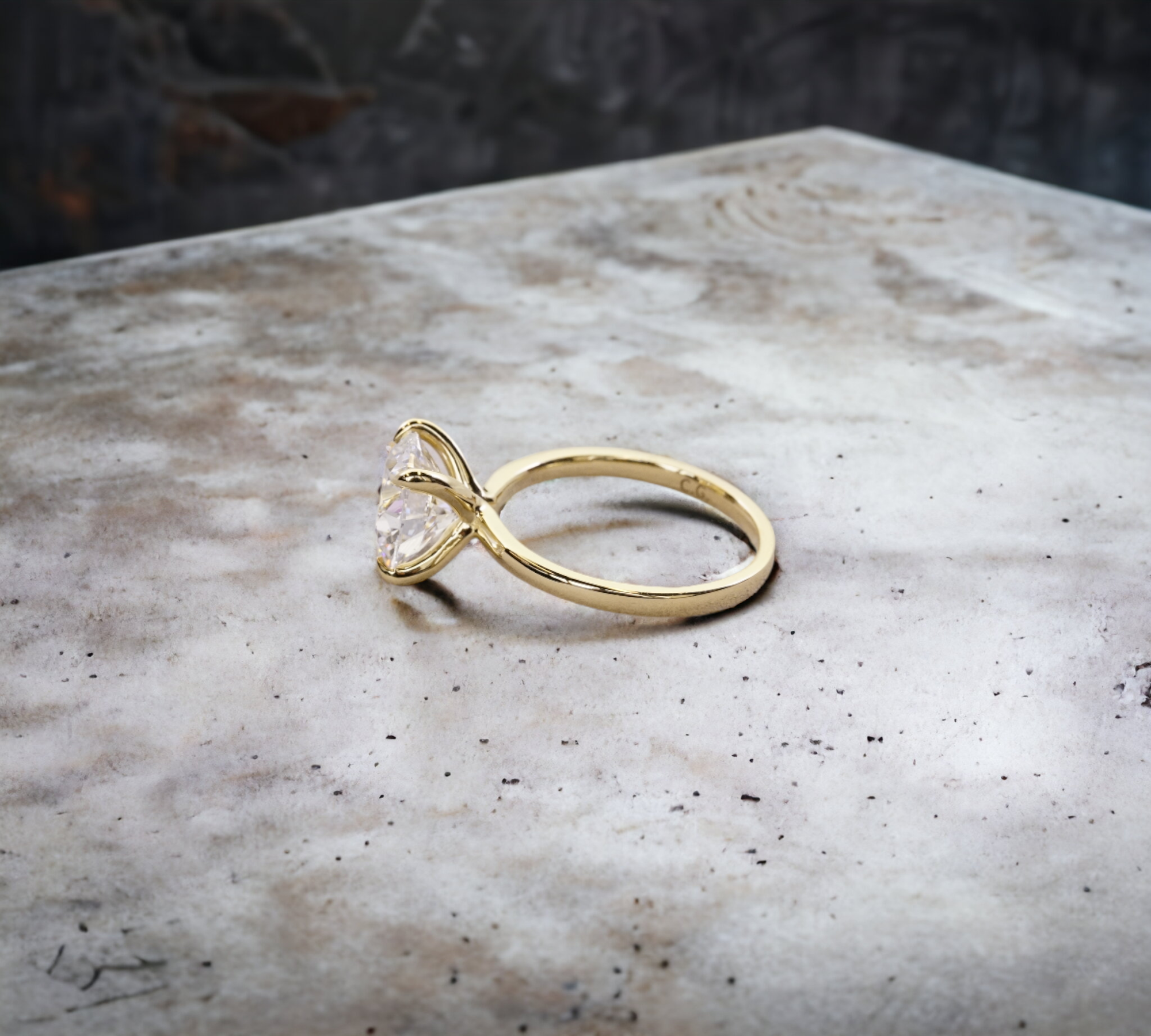 Oslo YG ring side view, yellow gold solitaire lab created diamond – Cherry Pick Diamonds St. Louis MO