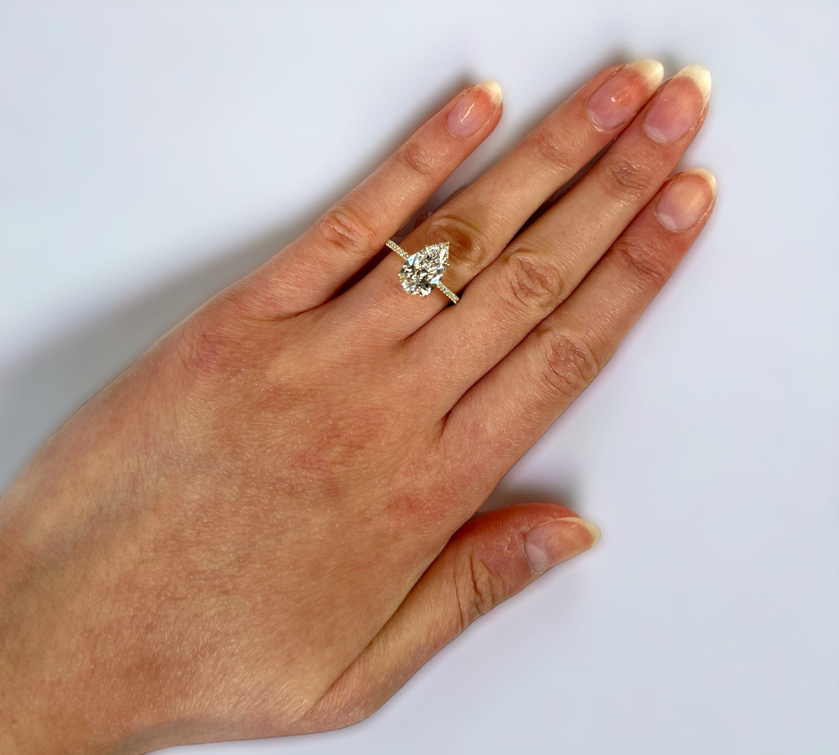 Paris Pear engagement ring close-up, pear shape lab created diamond – Cherry Pick Diamonds Clayton MO