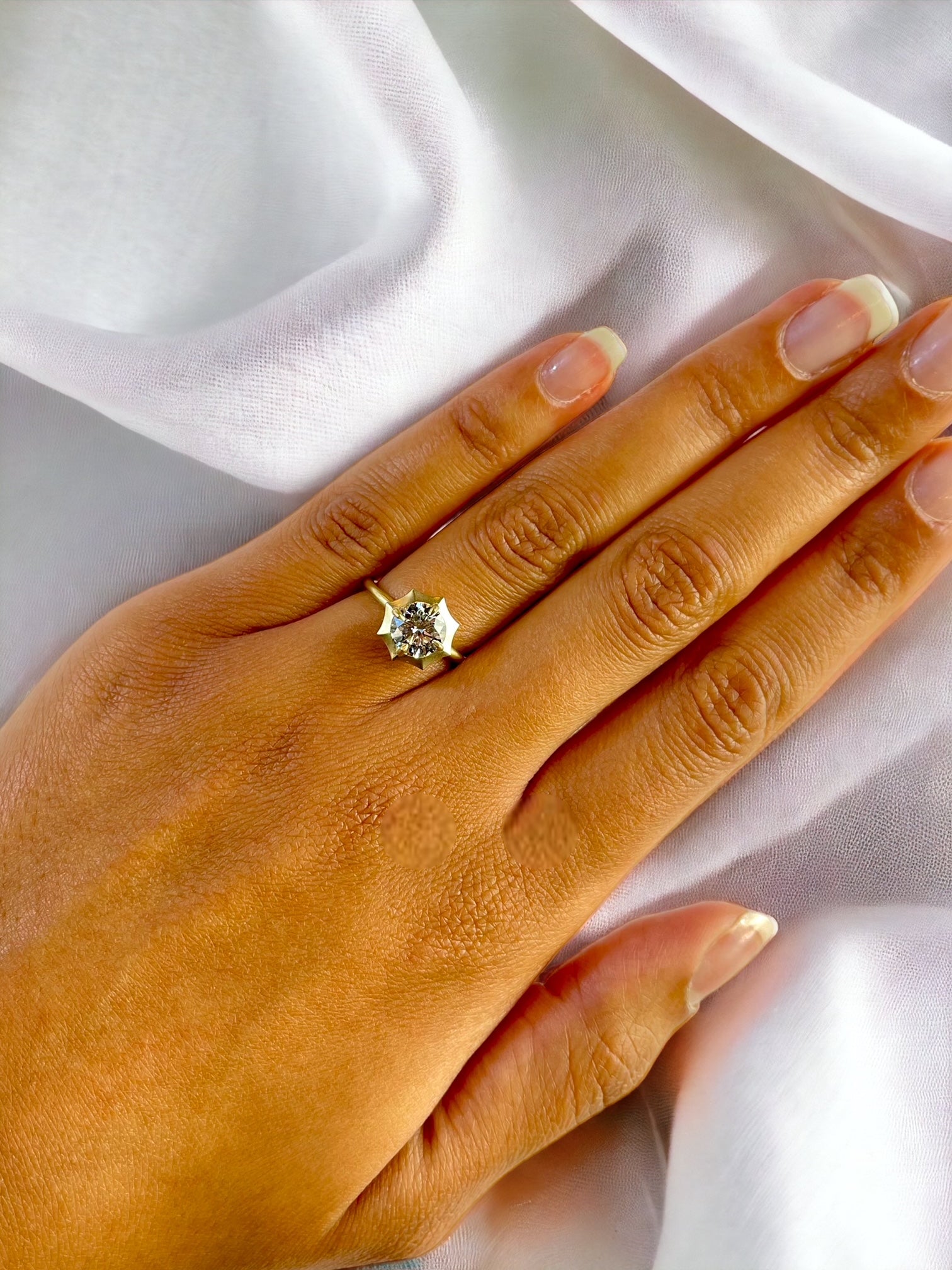Starling yellow gold halo lab created diamond ring close-up – Cherry Pick Diamonds Clayton MO