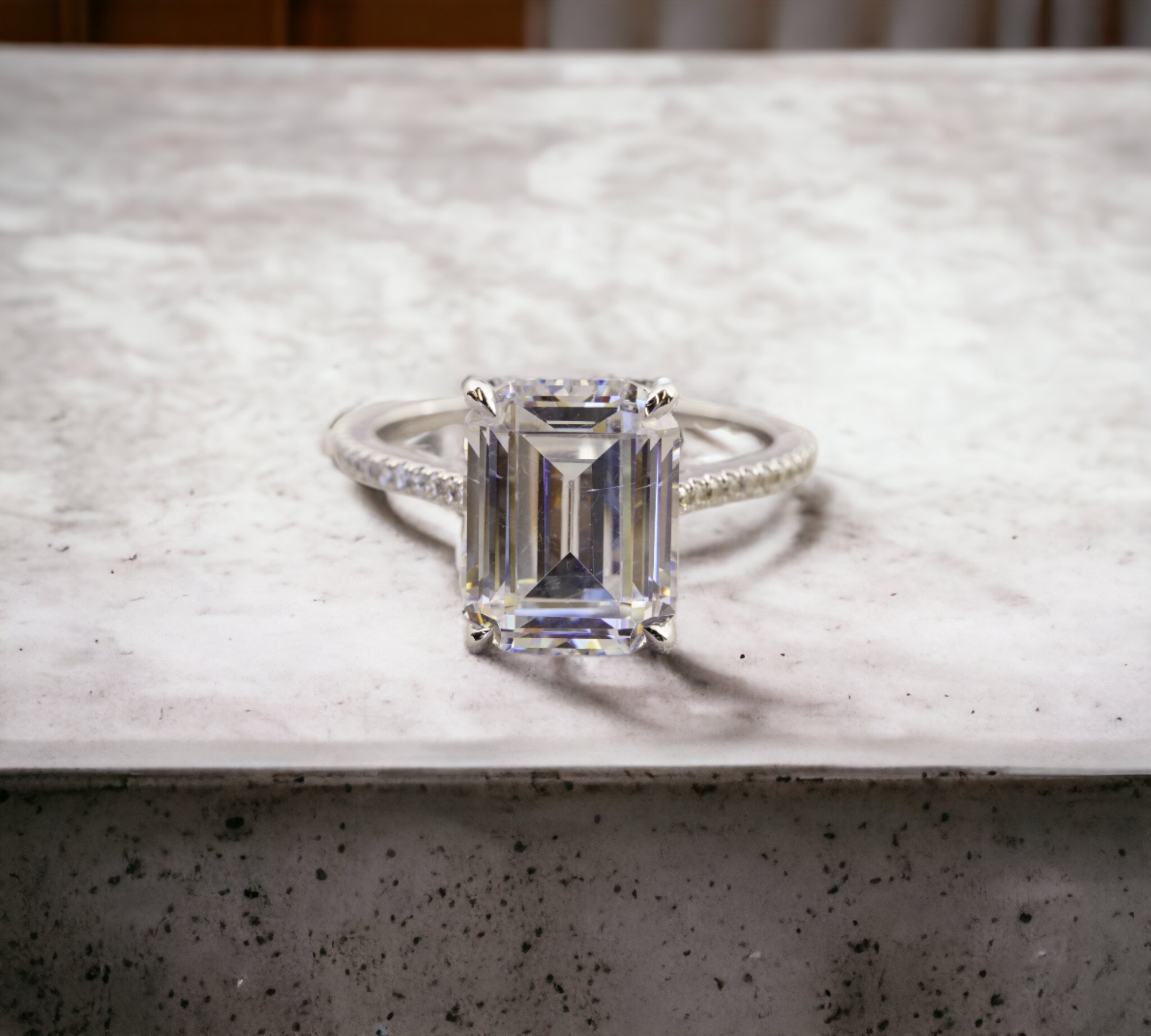 Paris EM engagement ring setting in 14K white gold with cathedral shared prong hidden halo – Cherry Pick Diamonds Clayton St. Louis MO