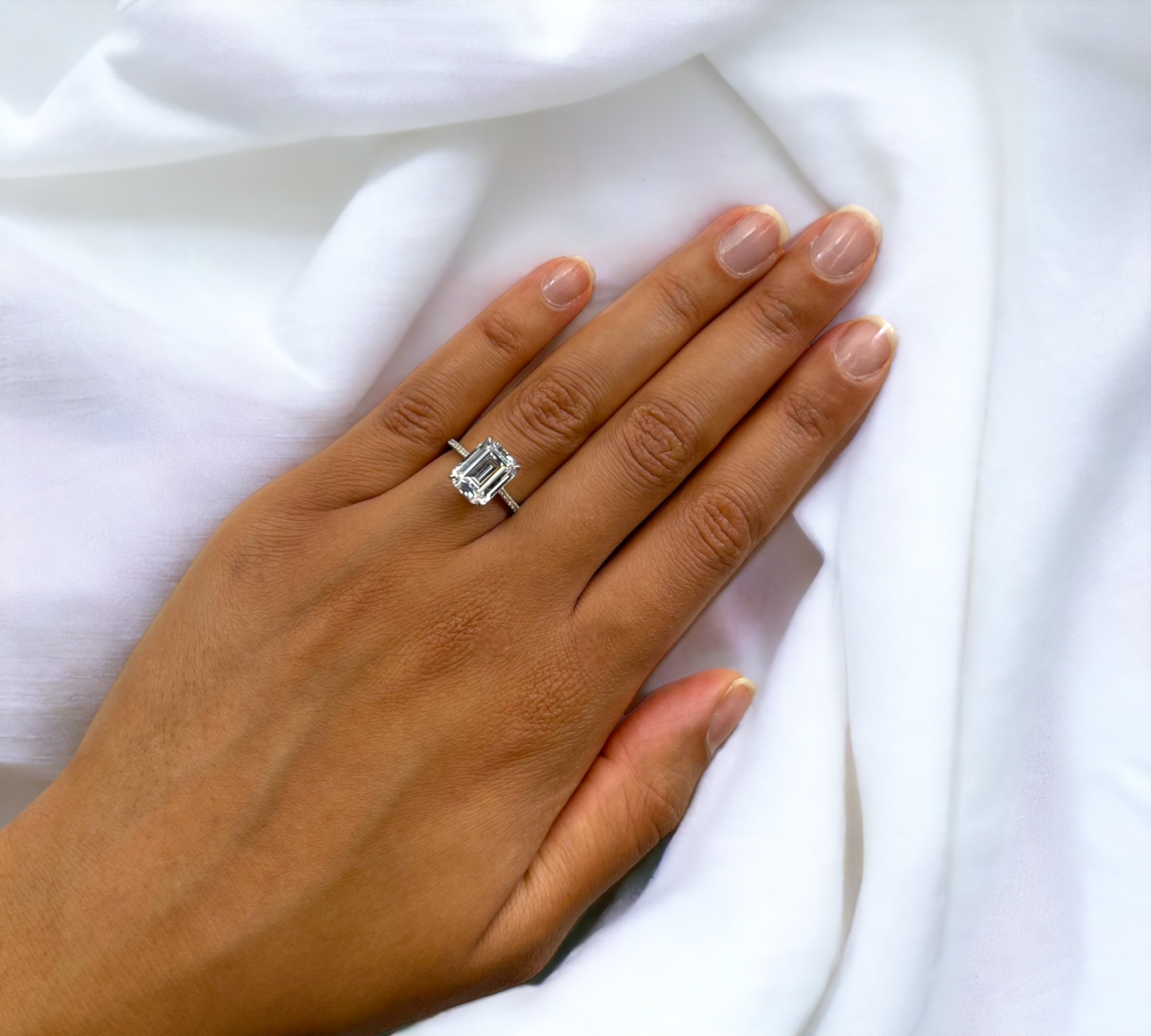 Paris EM 14K white gold engagement ring setting worn on hand, radiant or emerald cut – Cherry Pick Diamonds Clayton MO