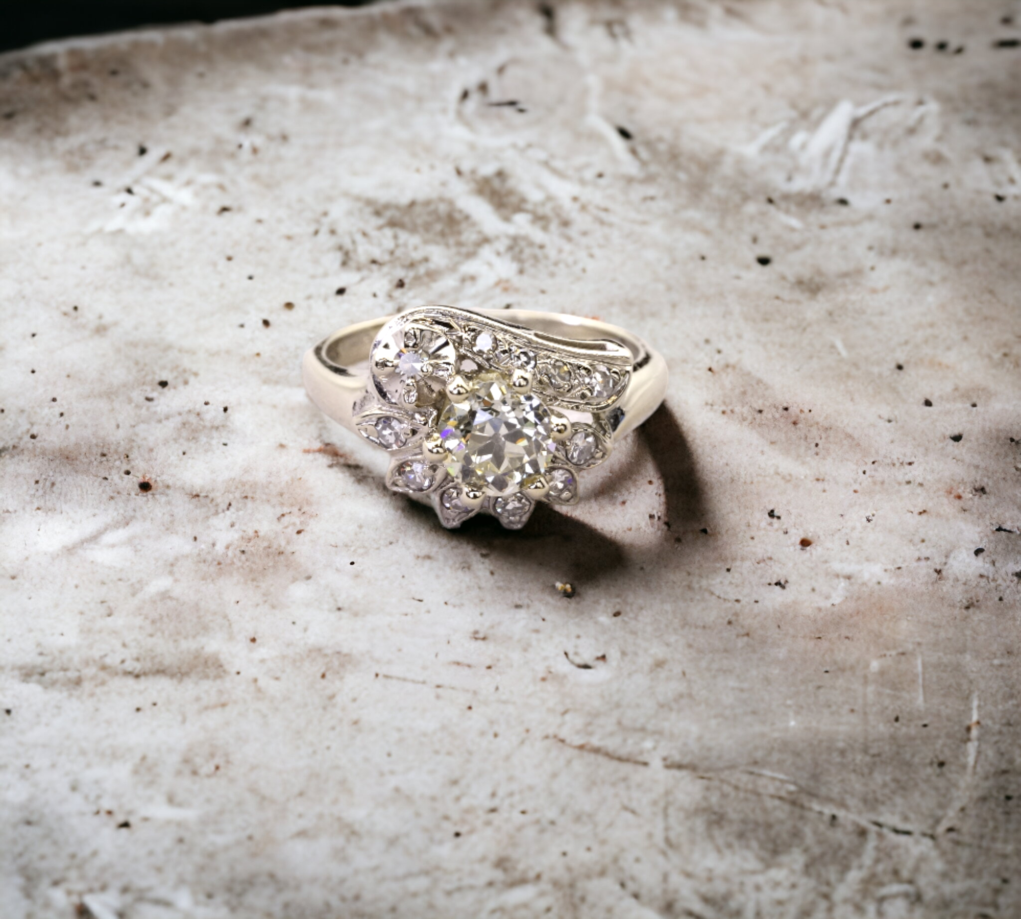 Vintage 0.75 Euro engagement ring in white gold, vintage halo with old European cut diamond – Cherry Pick Diamonds Clayton St. Louis MO