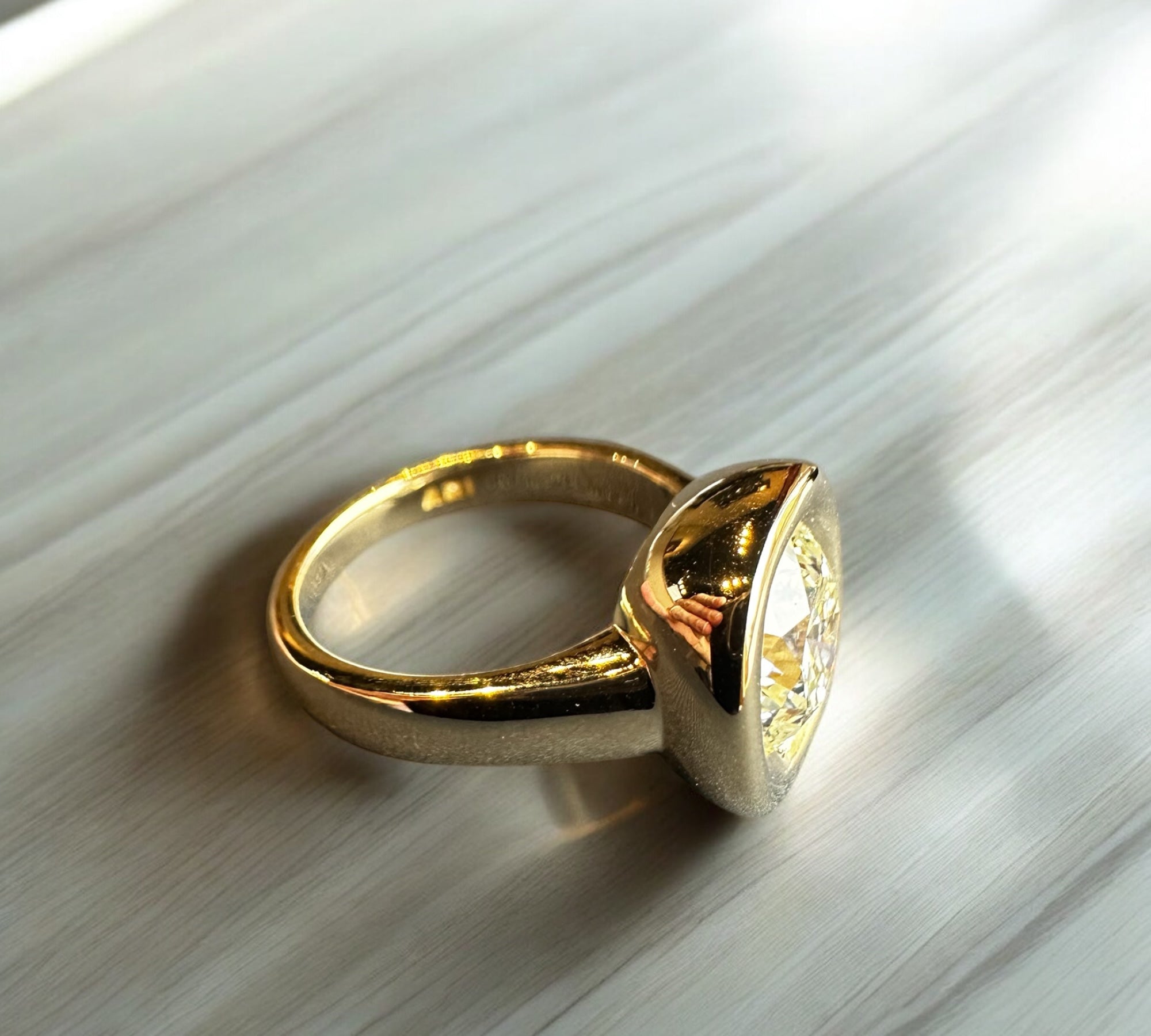Milano Bold yellow gold ring front view, cloud cushion halo – Cherry Pick Diamonds Clayton MO