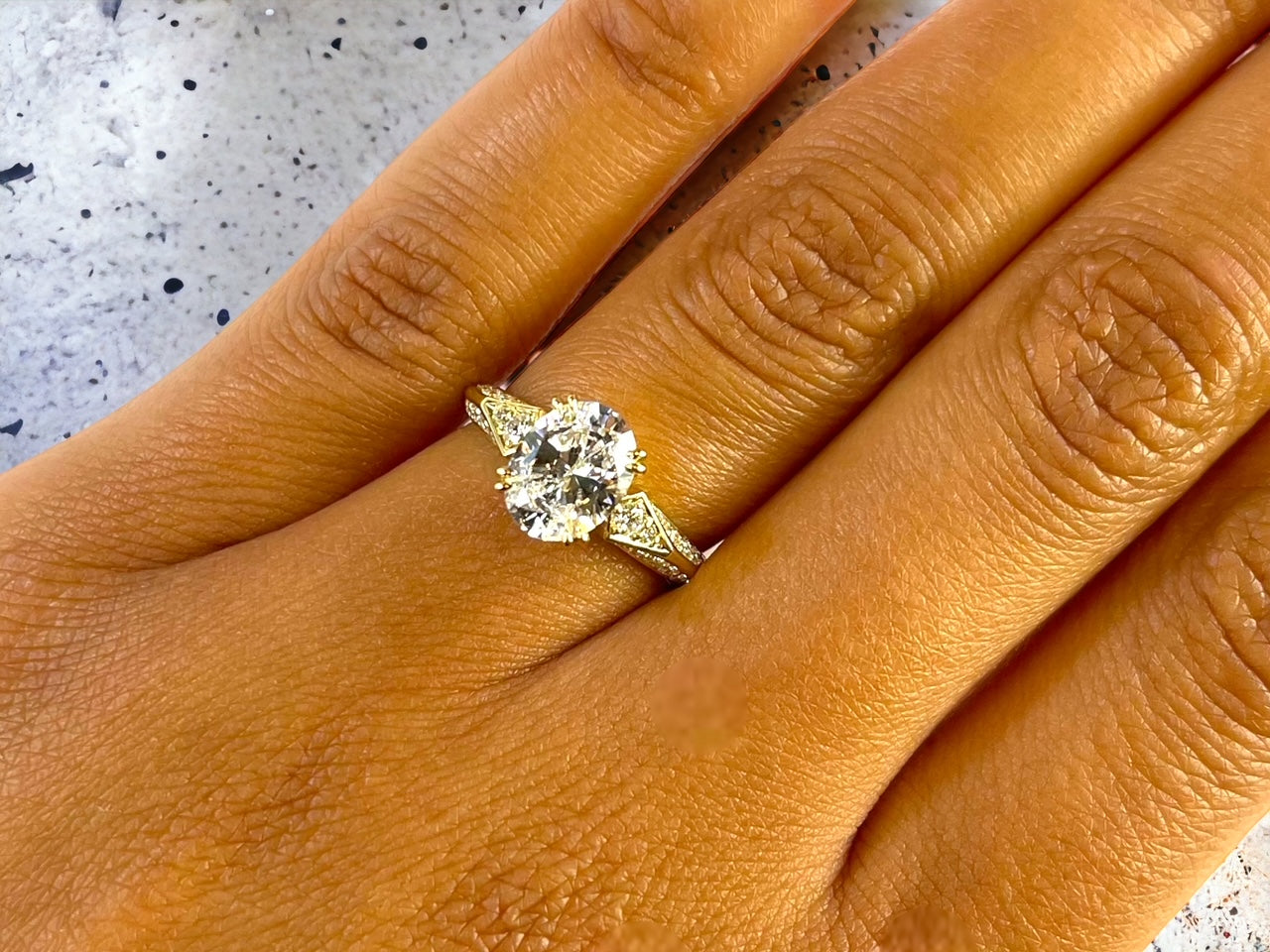 Venice OV Ring yellow gold setting with natural side diamonds side view – Cherry Pick Diamonds Clayton MO